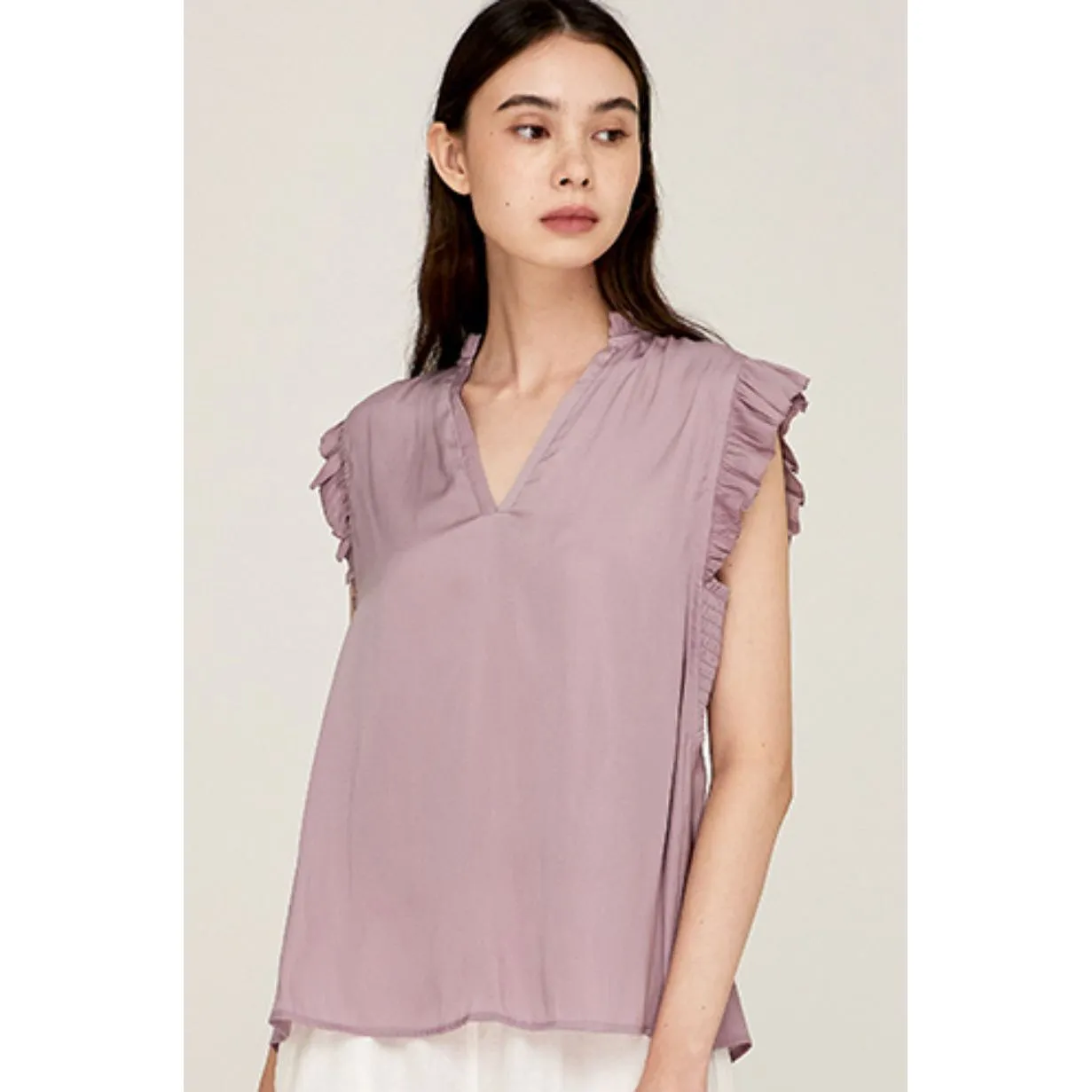 Chelsea Grade and Gather Soft Purple Ruffle Sleeve Satin Blouse