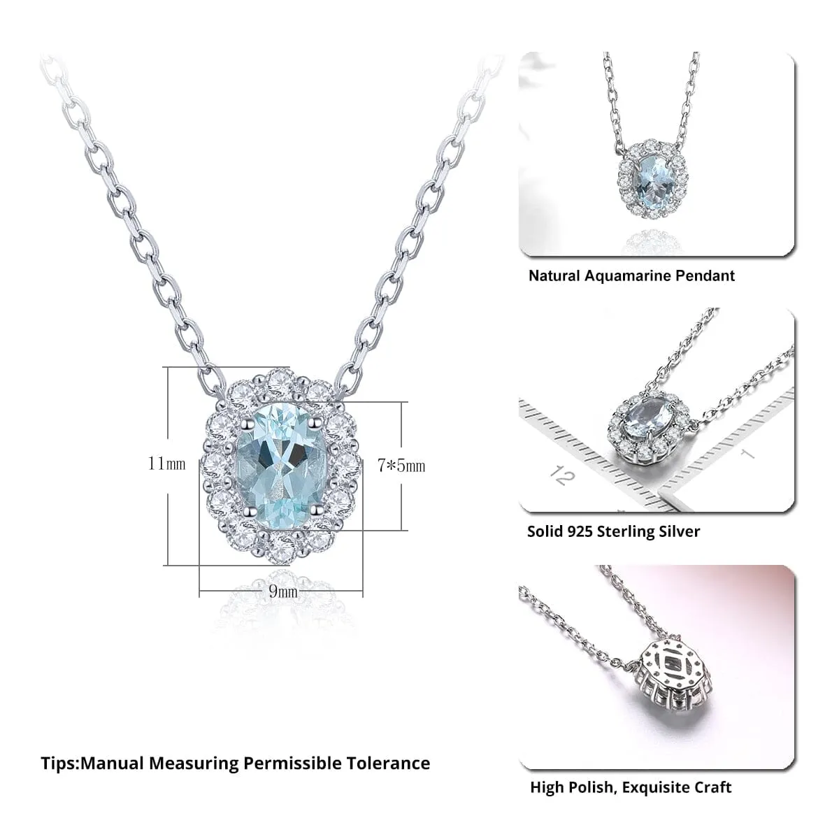 Classic Oval Aquamarine Pendant Necklace - 925 Sterling Silver