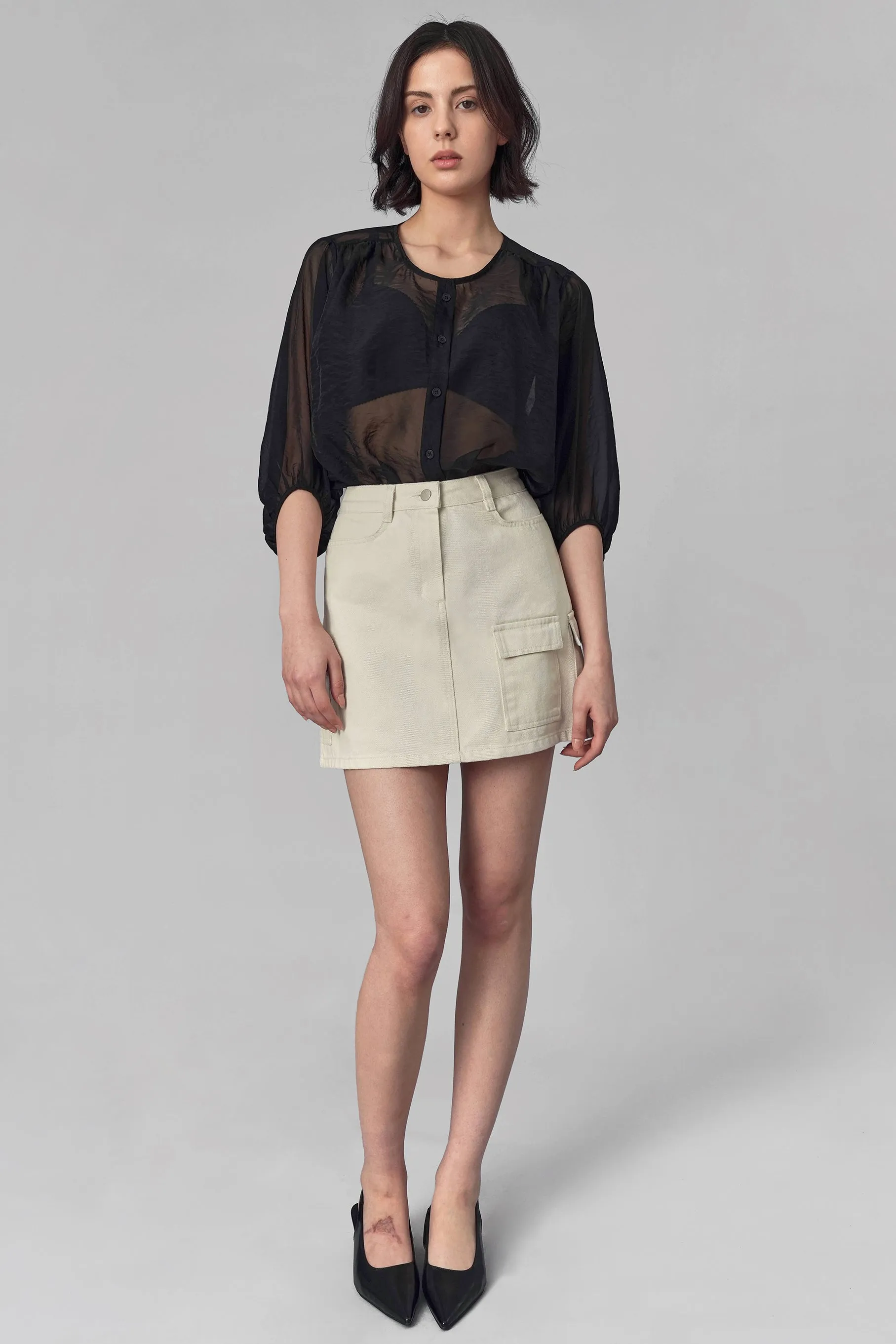 Colin Cargo Denim Mini Skirt, Ivory