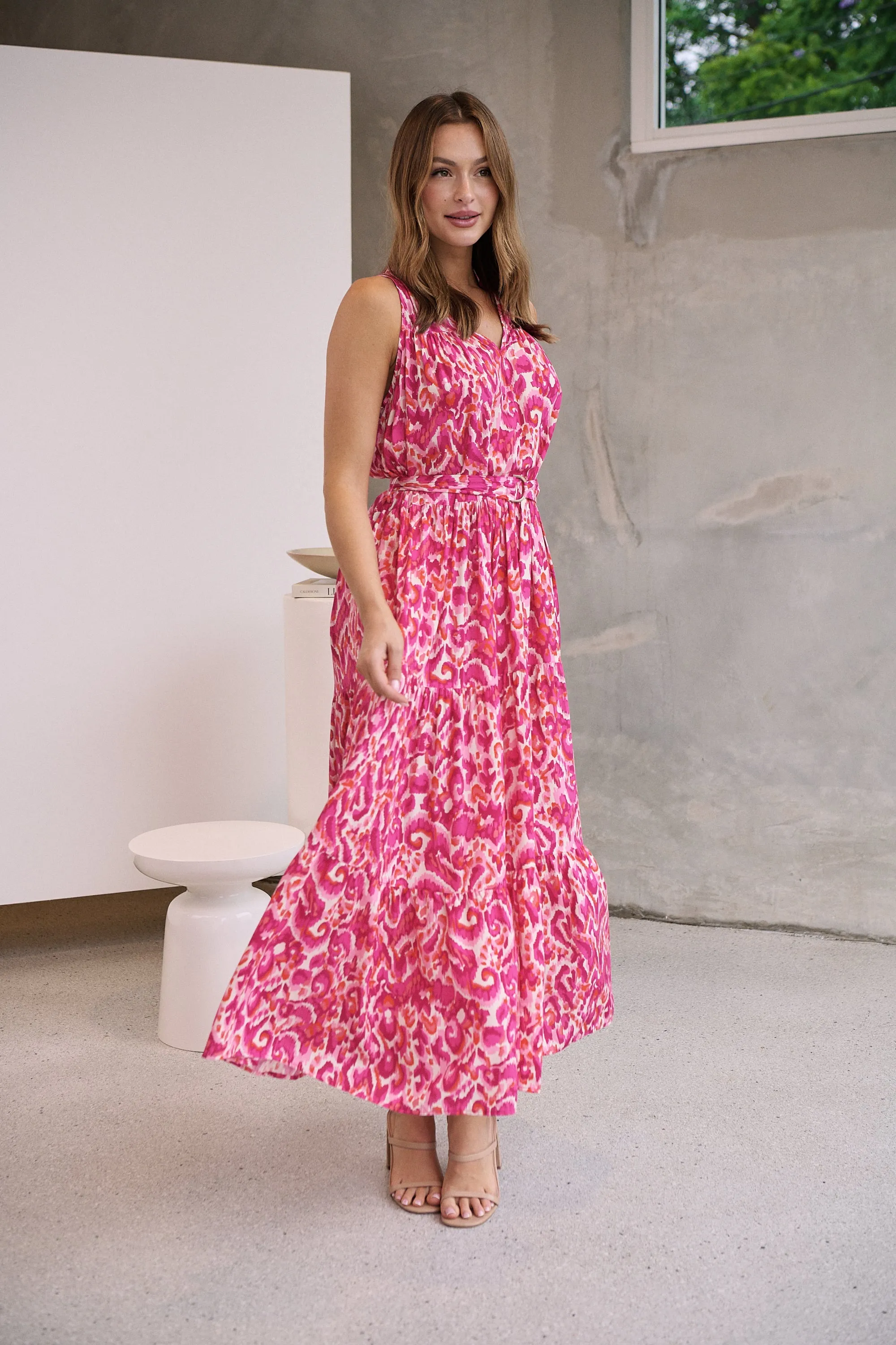 Cosima Long Pink/Orange Print Collared Maxi Dress