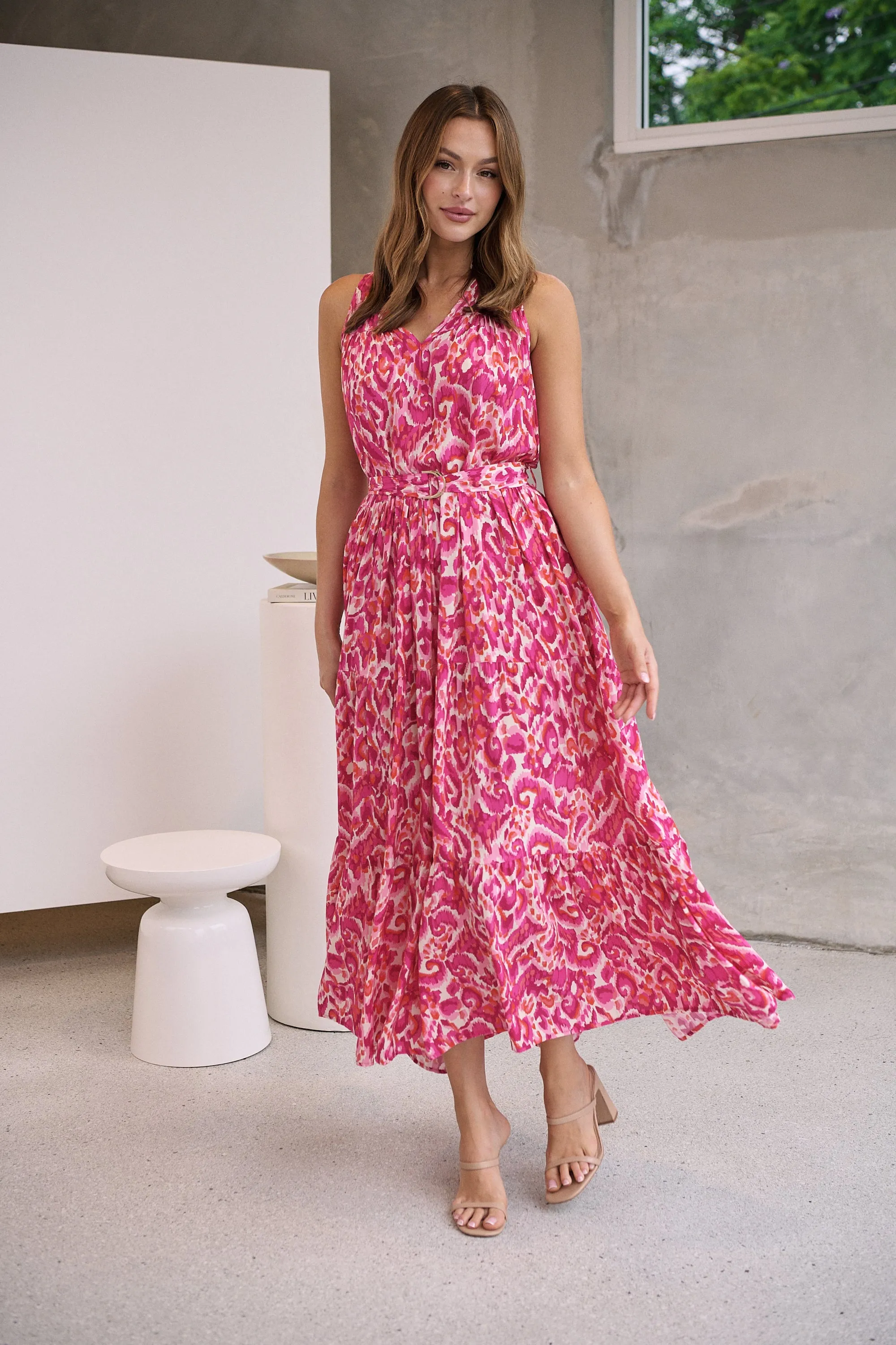 Cosima Long Pink/Orange Print Collared Maxi Dress