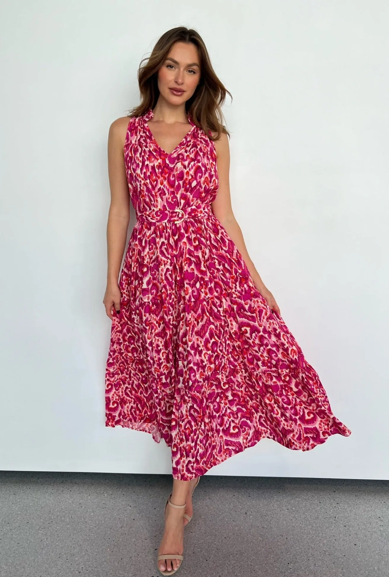 Cosima Long Pink/Orange Print Collared Maxi Dress