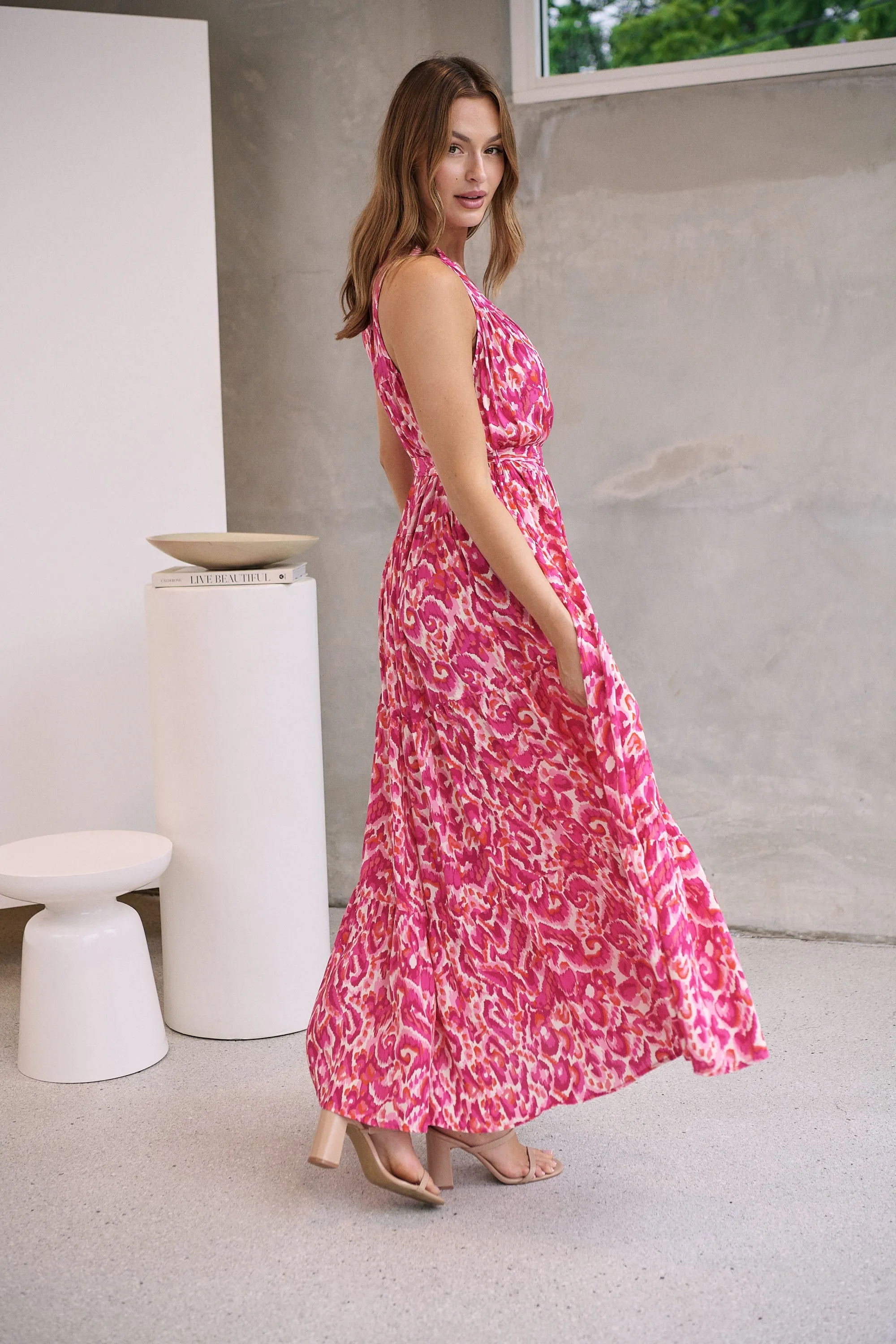 Cosima Long Pink/Orange Print Collared Maxi Dress