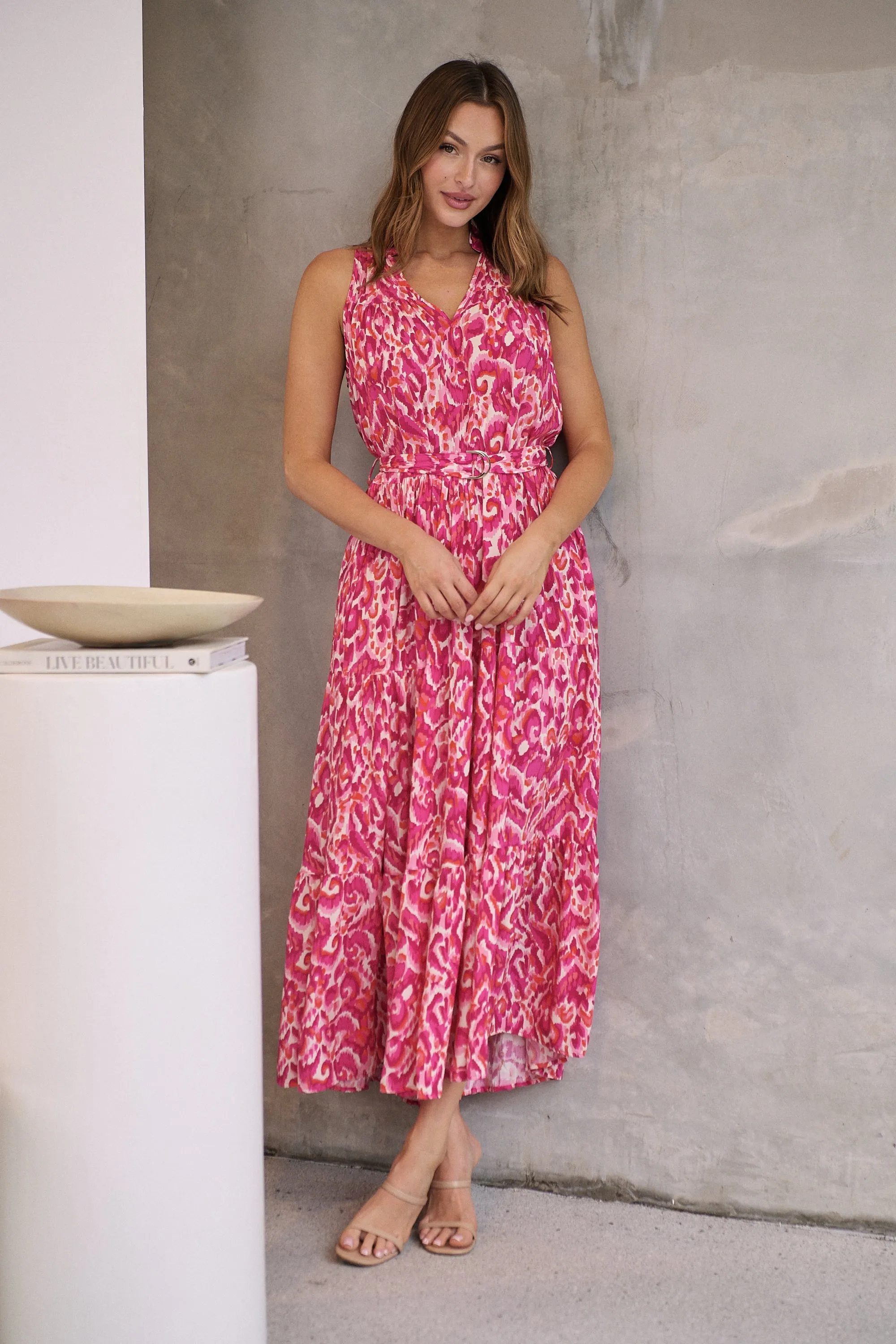 Cosima Long Pink/Orange Print Collared Maxi Dress