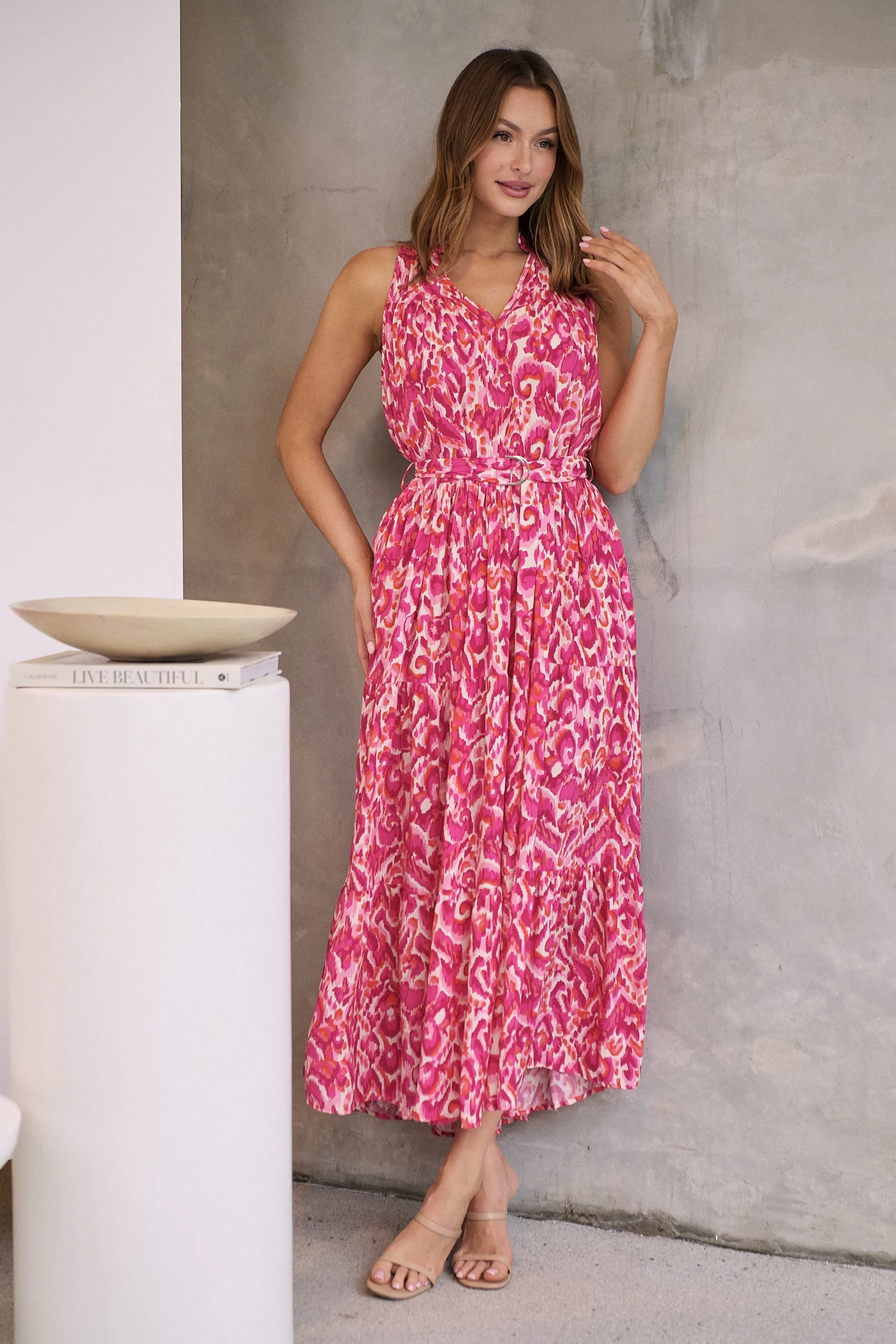 Cosima Long Pink/Orange Print Collared Maxi Dress