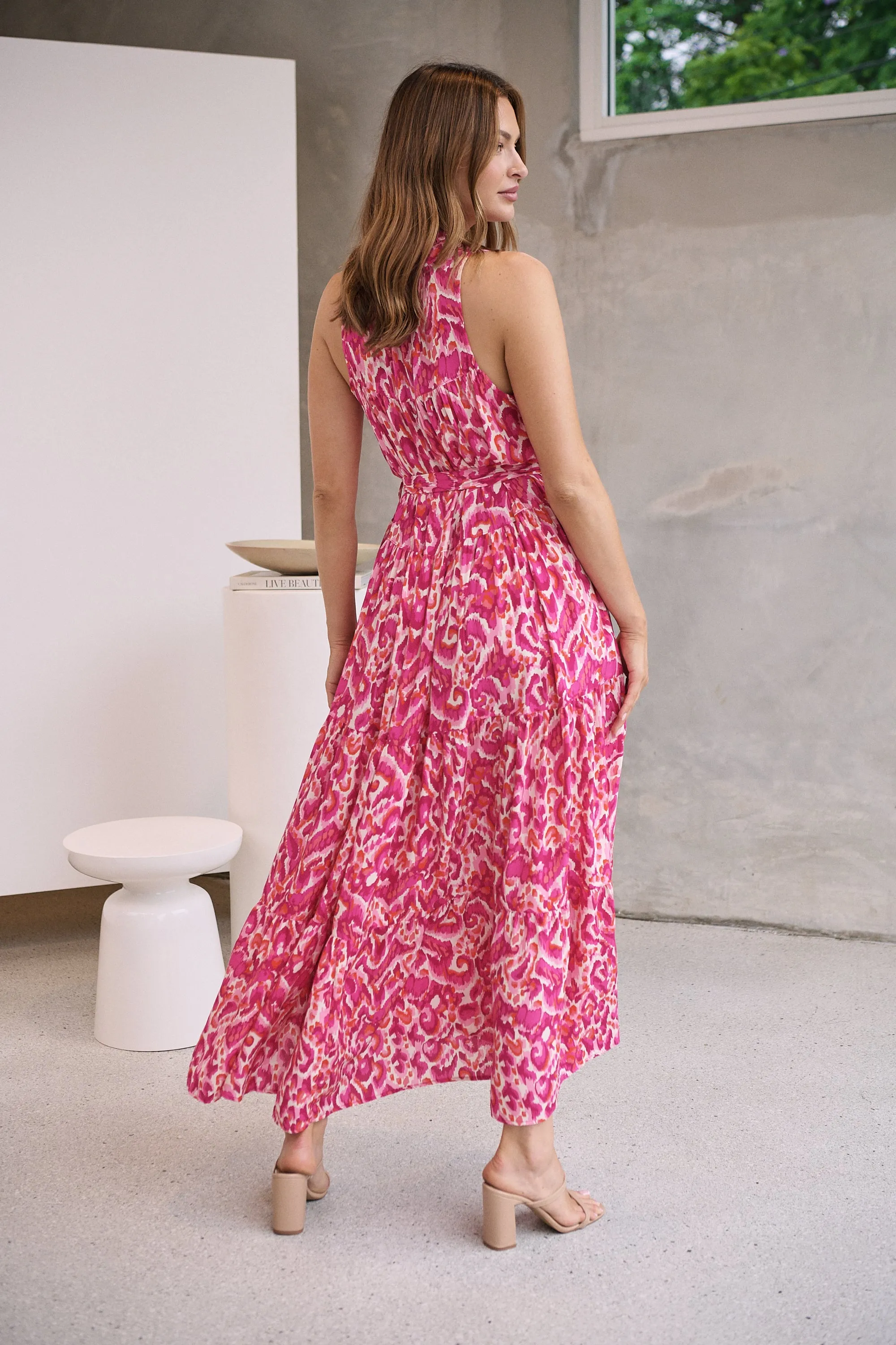 Cosima Long Pink/Orange Print Collared Maxi Dress