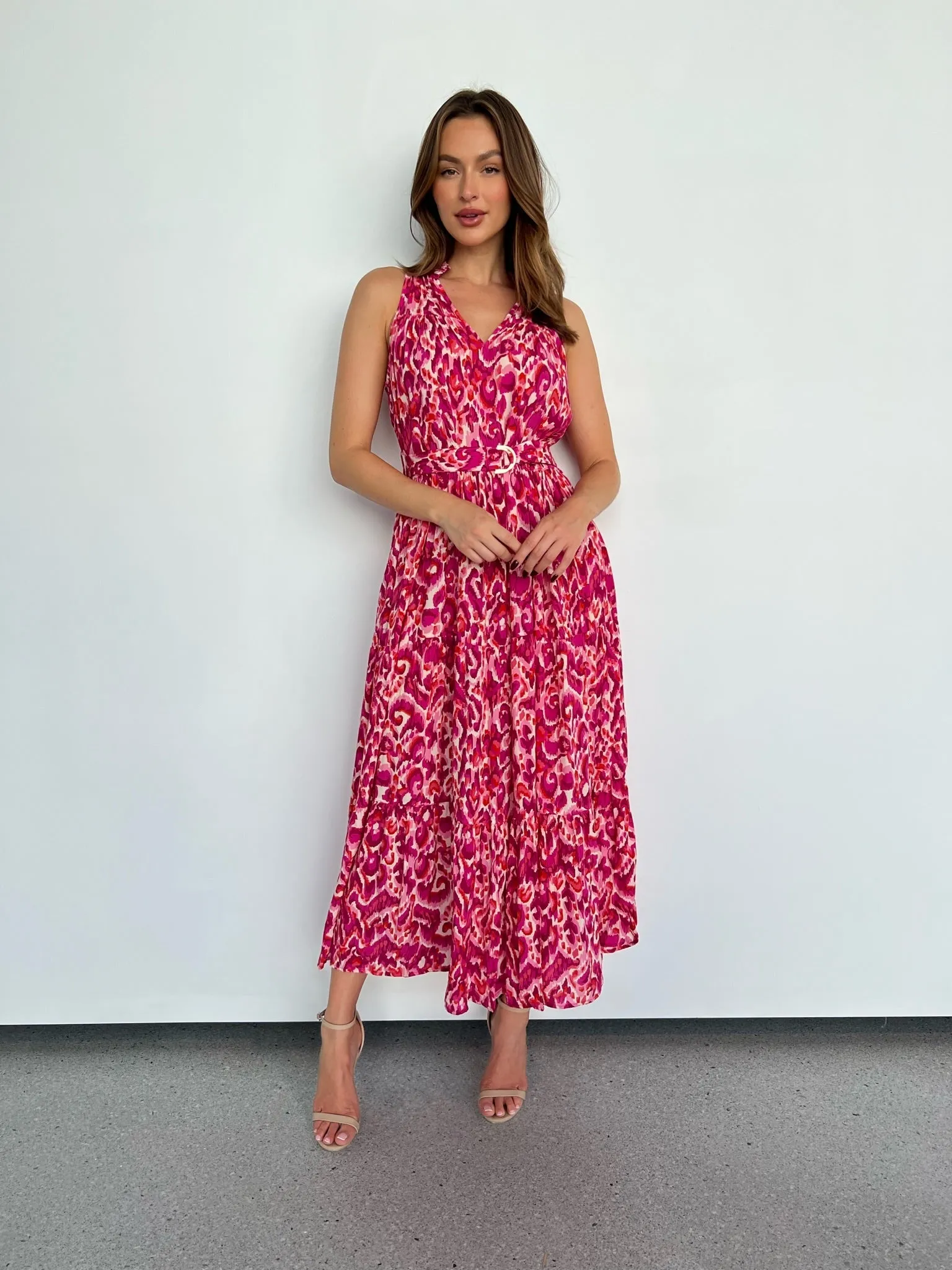 Cosima Long Pink/Orange Print Collared Maxi Dress