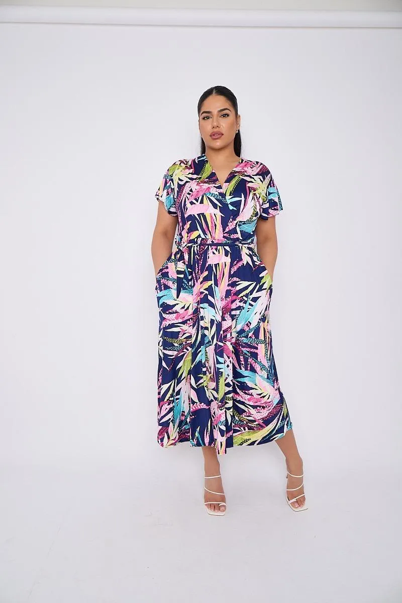 Dani Faux Wrap Dress in Navy Leaf