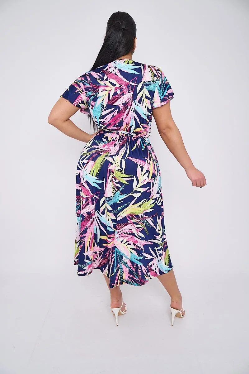 Dani Faux Wrap Dress in Navy Leaf