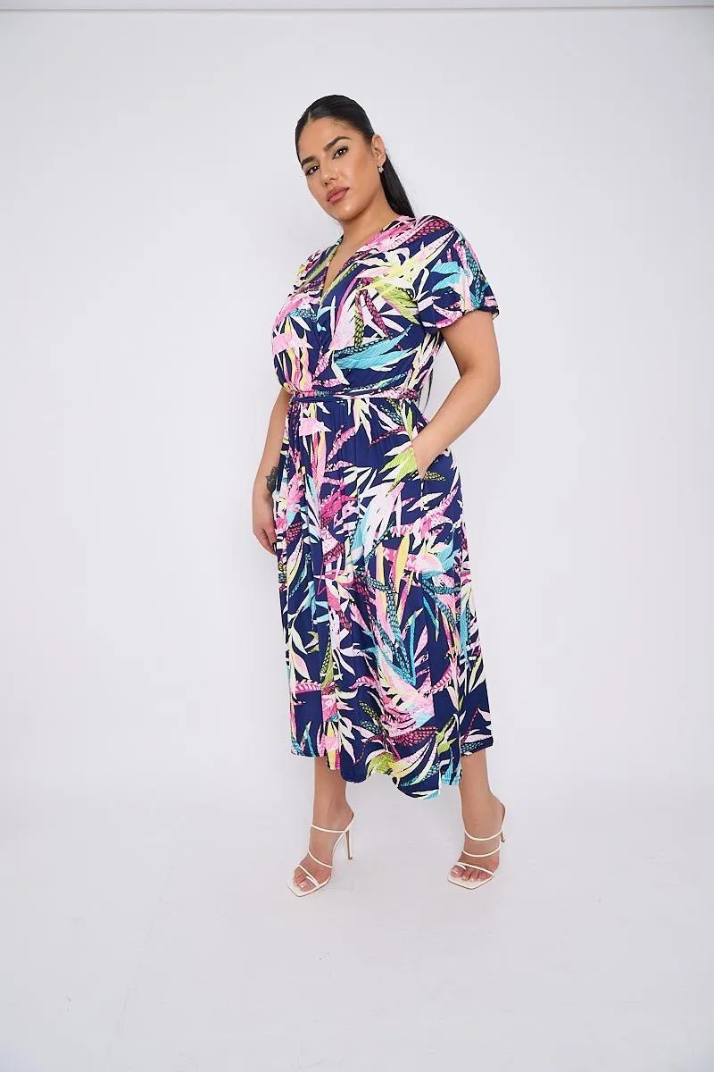 Dani Faux Wrap Dress in Navy Leaf