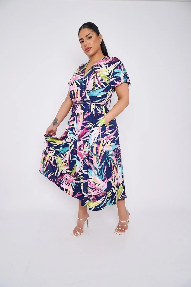 Dani Faux Wrap Dress in Navy Leaf