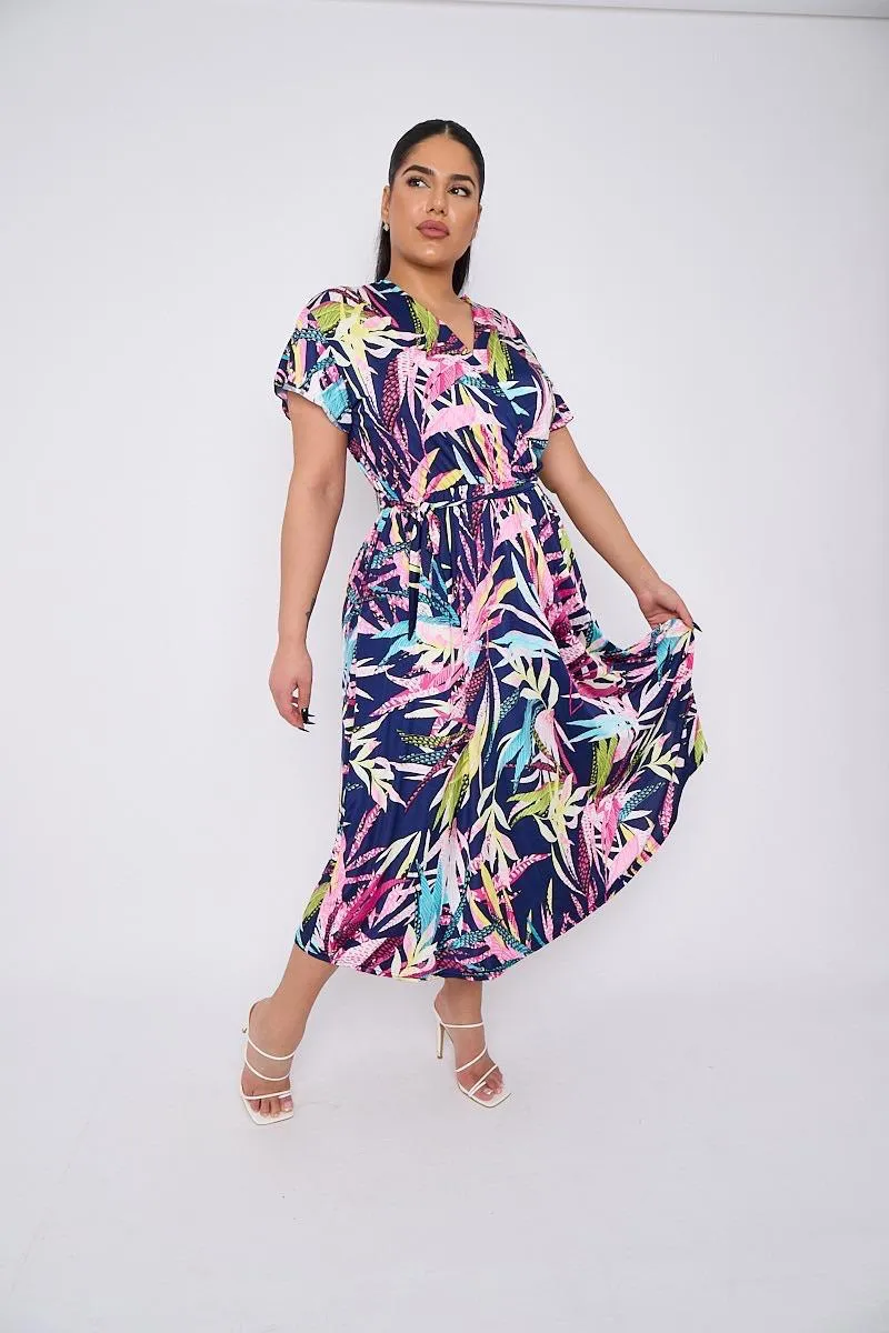 Dani Faux Wrap Dress in Navy Leaf