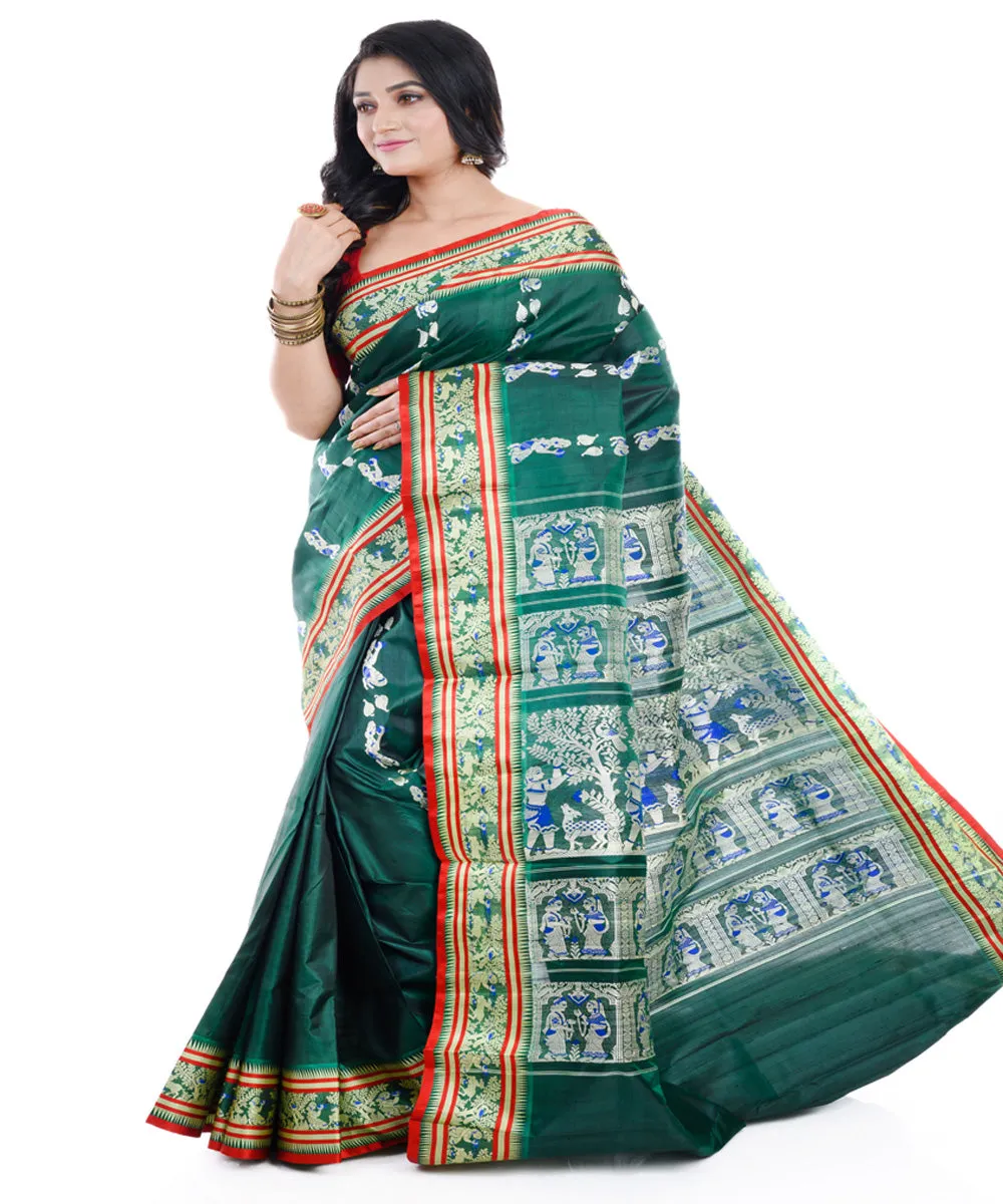 Dark green red handwoven baluchari silk saree