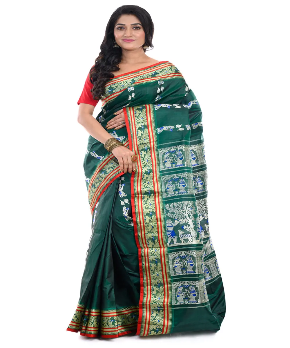 Dark green red handwoven baluchari silk saree