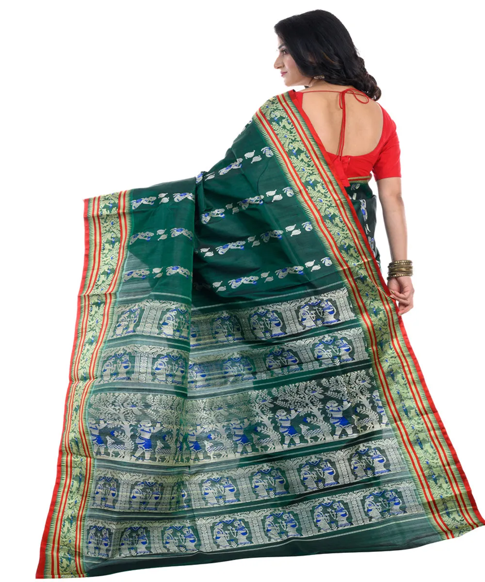 Dark green red handwoven baluchari silk saree