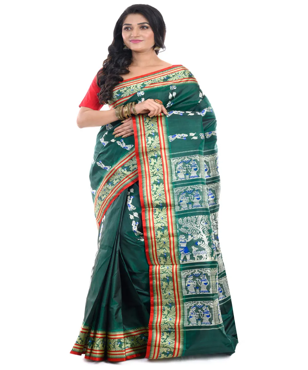 Dark green red handwoven baluchari silk saree