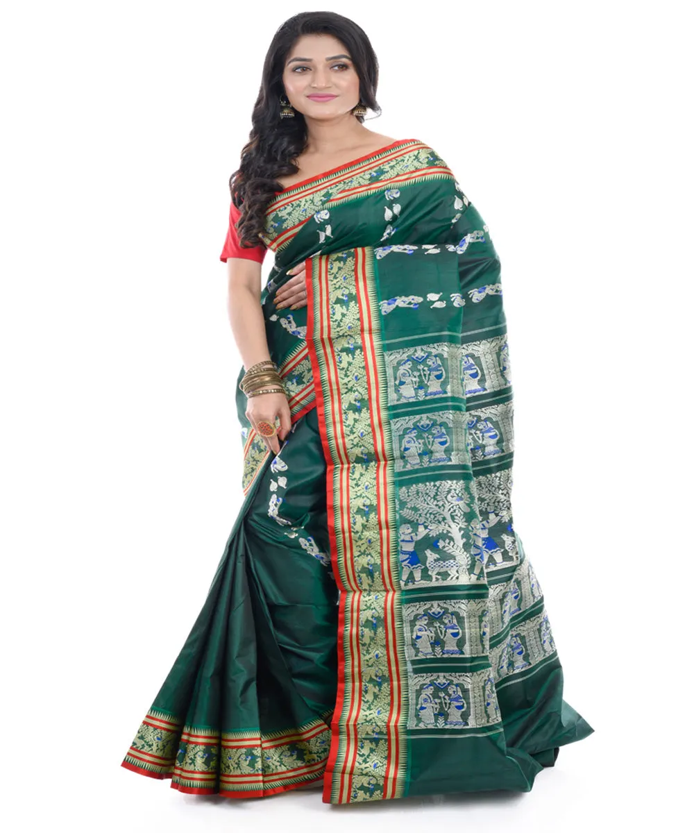 Dark green red handwoven baluchari silk saree