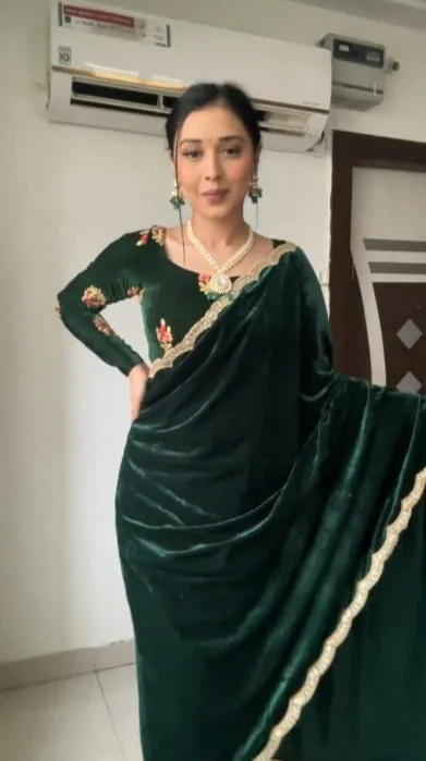 Dark Green Velvet Ready to Wear saree