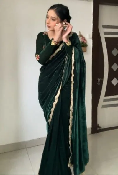 Dark Green Velvet Ready to Wear saree