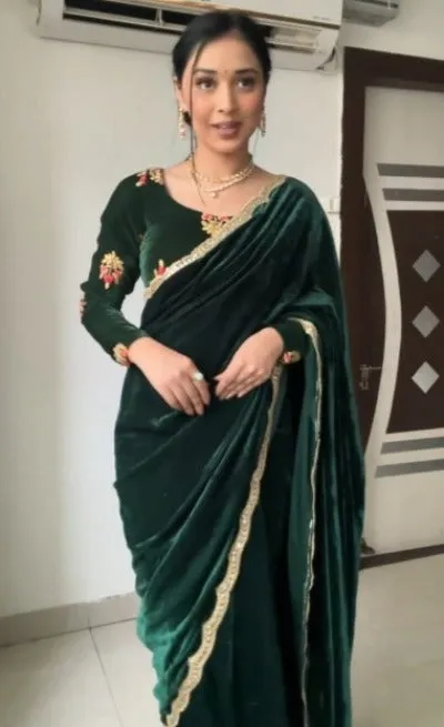 Dark Green Velvet Ready to Wear saree