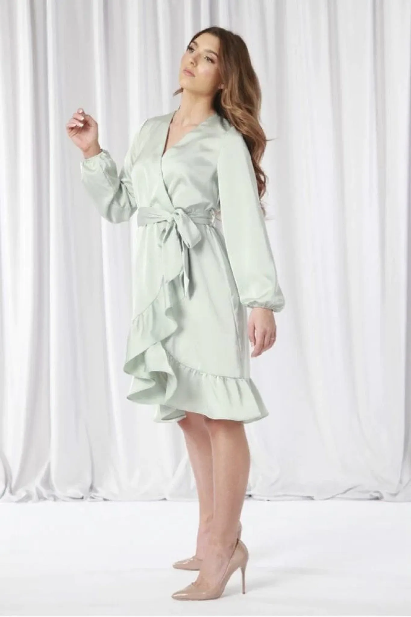 Double Second Frill Satin Wrap Dress