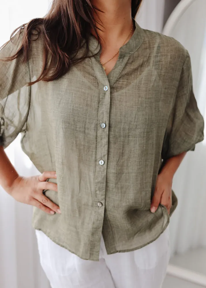 Elena Olive Linen Blouse