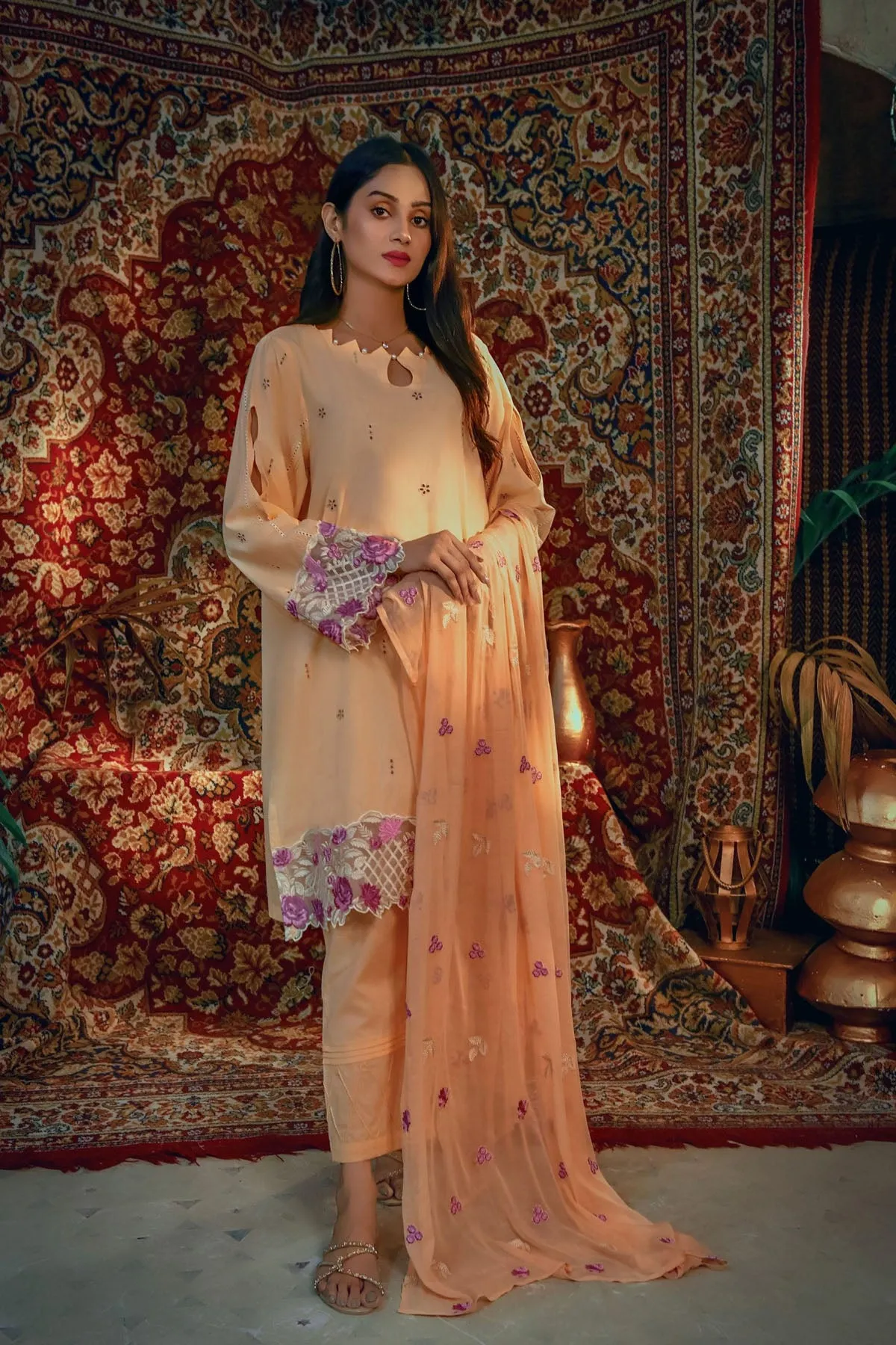 Embroidered Lawn Shirt With cotton trousers Peach White - ADDEE DHANAK AFSHAN-E-JAHAN