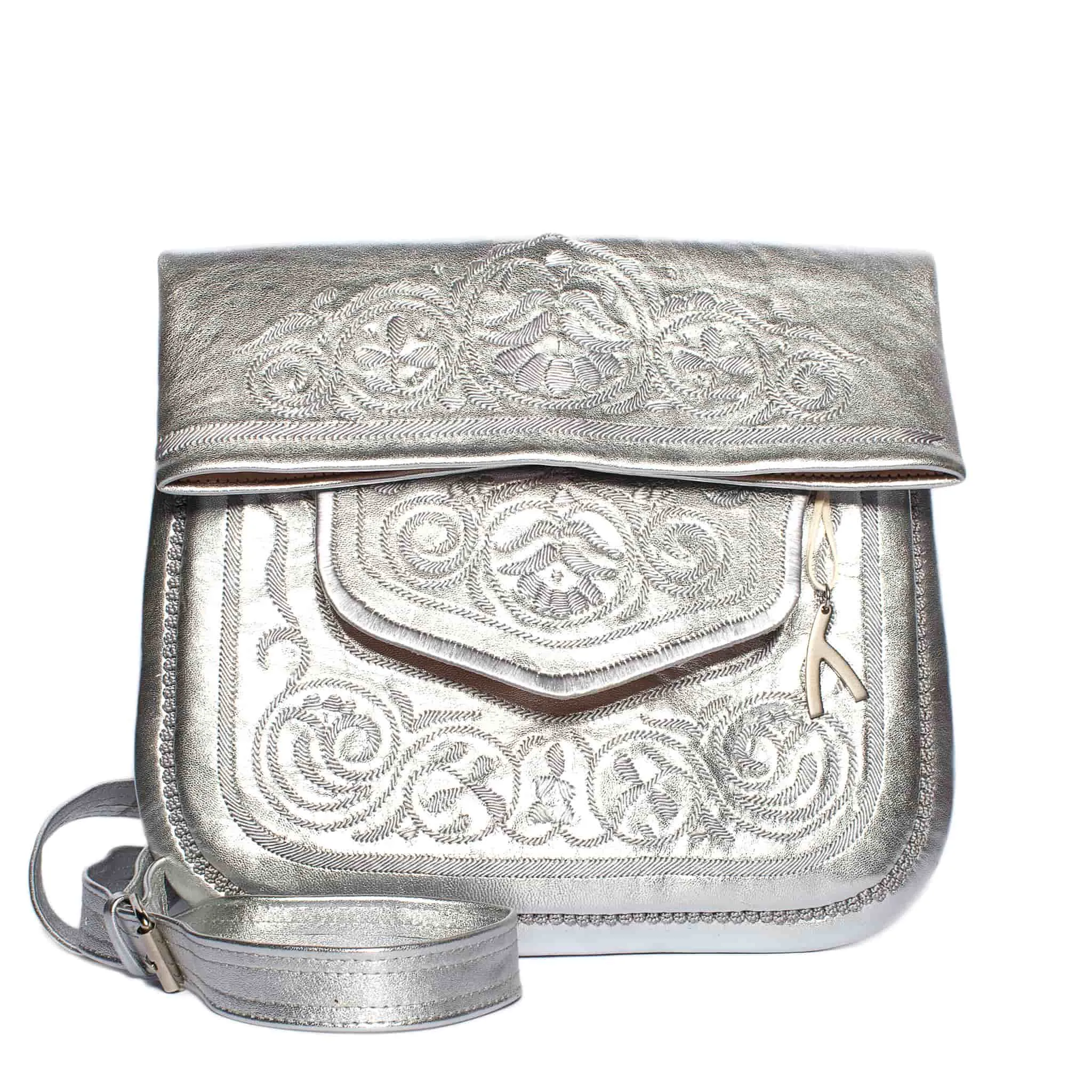 Embroidered Leather Berber Bag in Silver