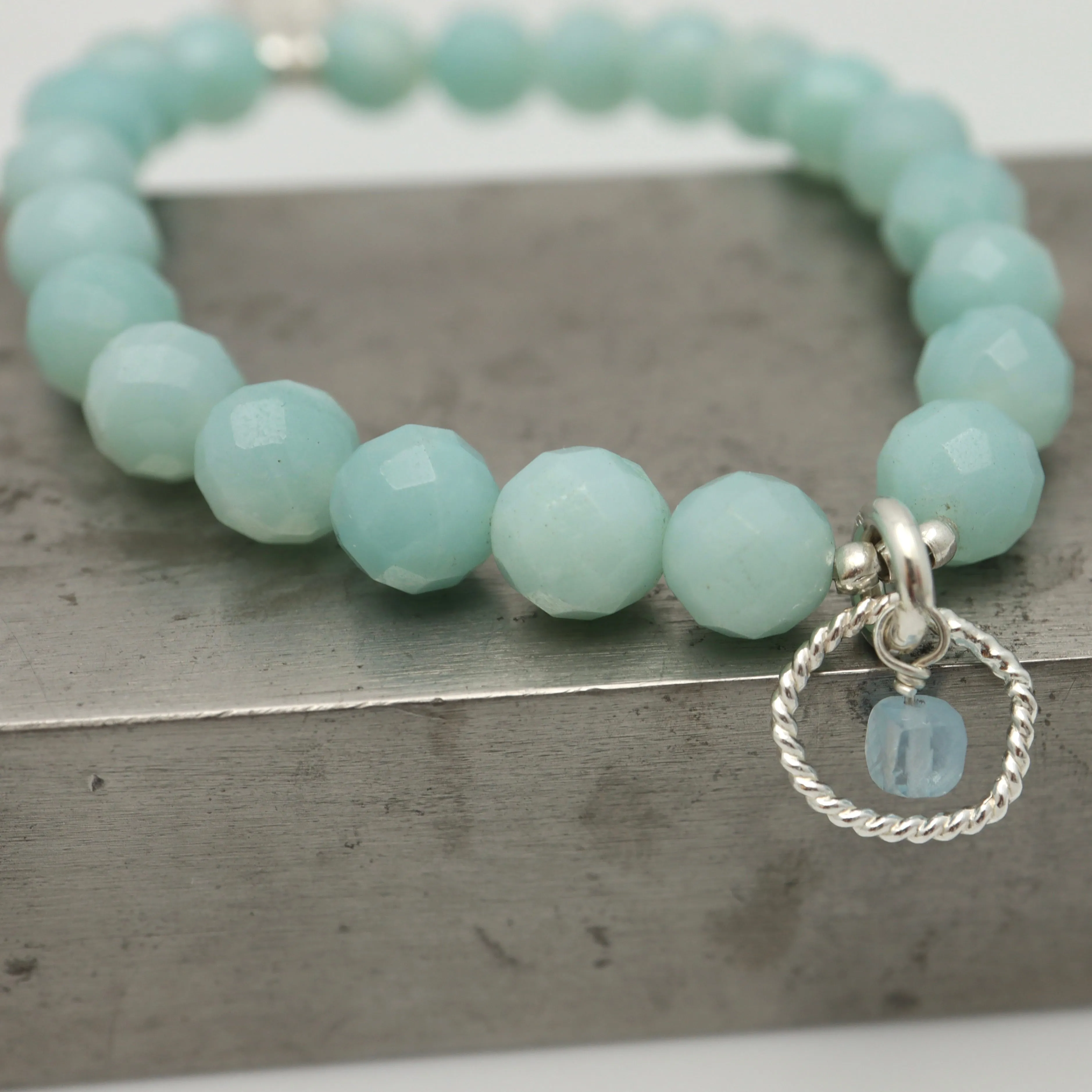 Entwined Collection:  Natural Amazonite with Silver Link & Aquamarine Stretch Bracelet