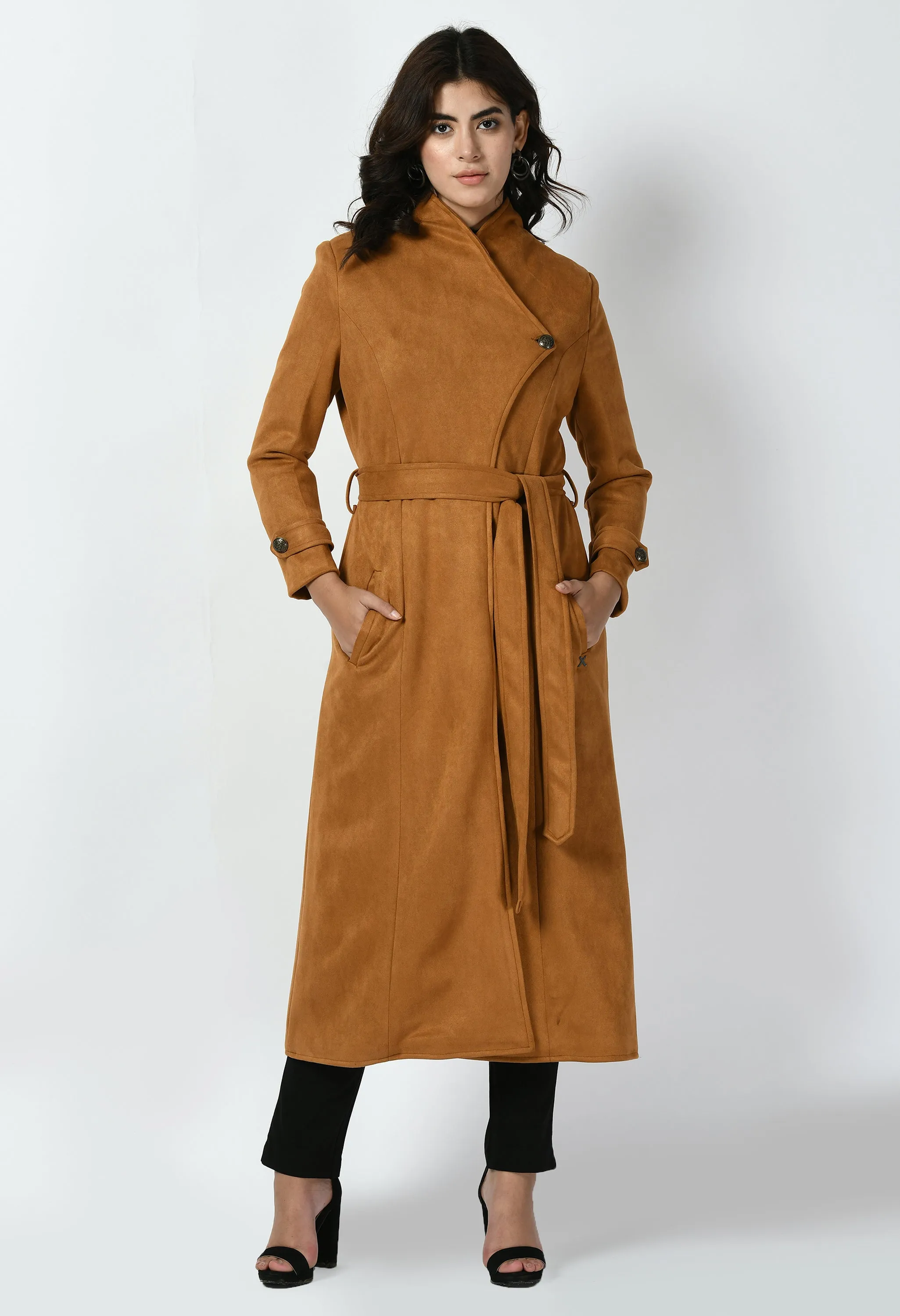 Exude Dedication Suede Leather Long Wrap Coat (Tan Brown)