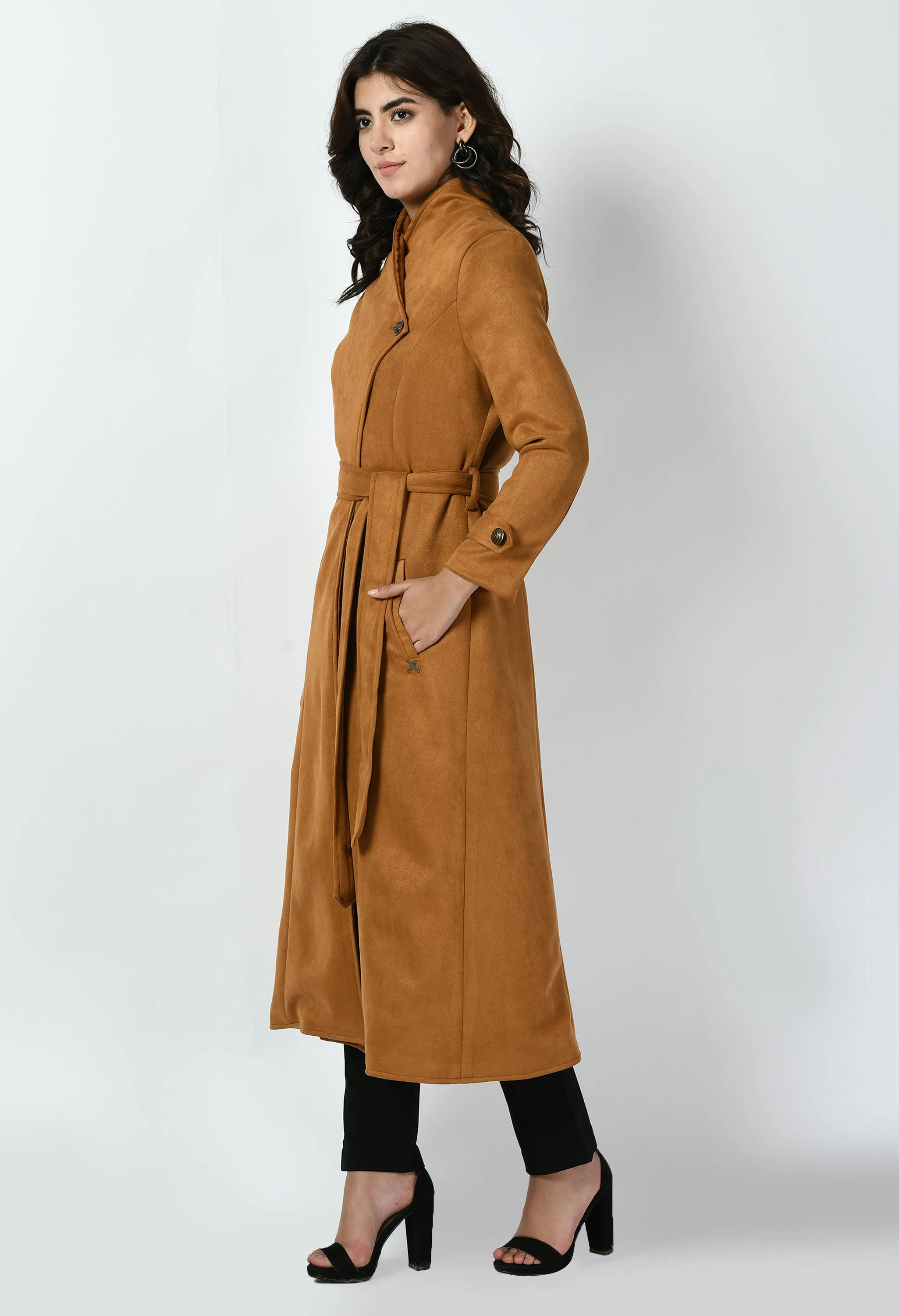 Exude Dedication Suede Leather Long Wrap Coat (Tan Brown)