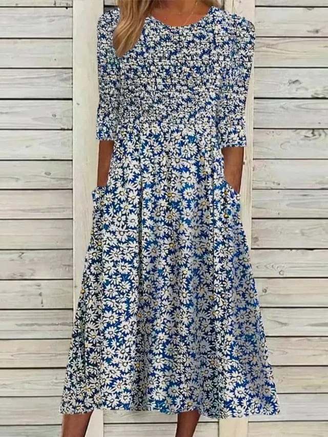 Feminine Floral Print Ruched Midi Dress with Half Sleeves