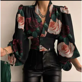 Floral Print Lantern Sleeve Button Blouse