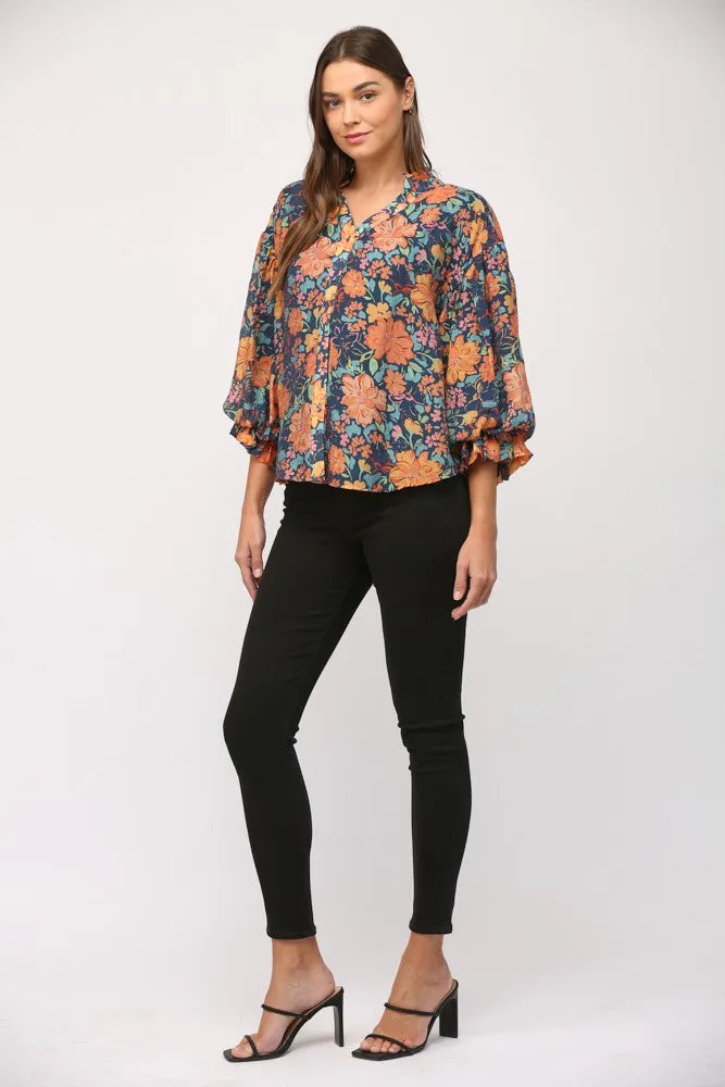 Floral Print Split Neck Bubble Sleeve Blouse