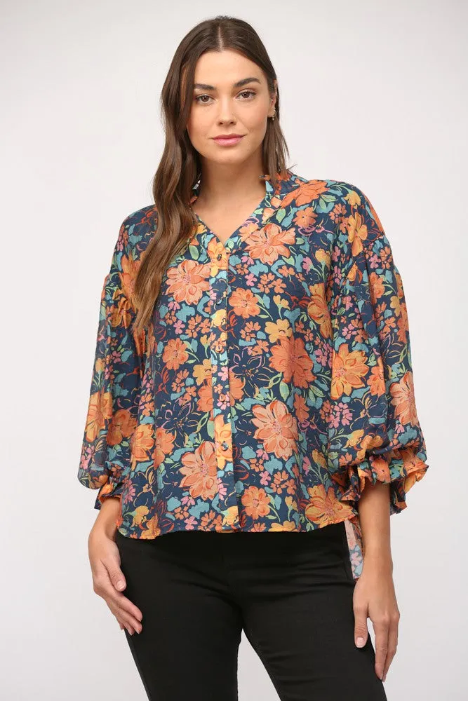 Floral Print Split Neck Bubble Sleeve Blouse