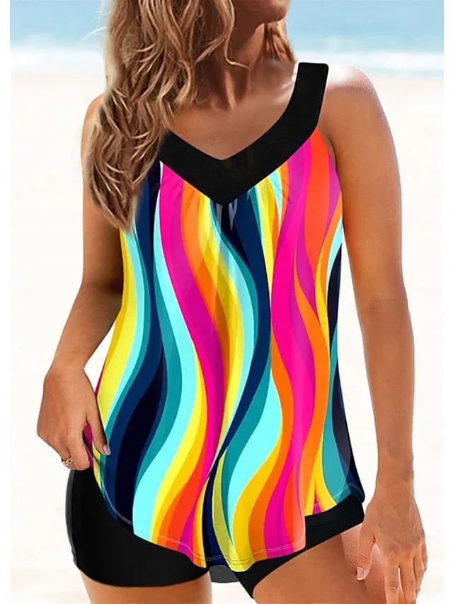 Floral Striped Plus Size Tankini Swimsuit for Women