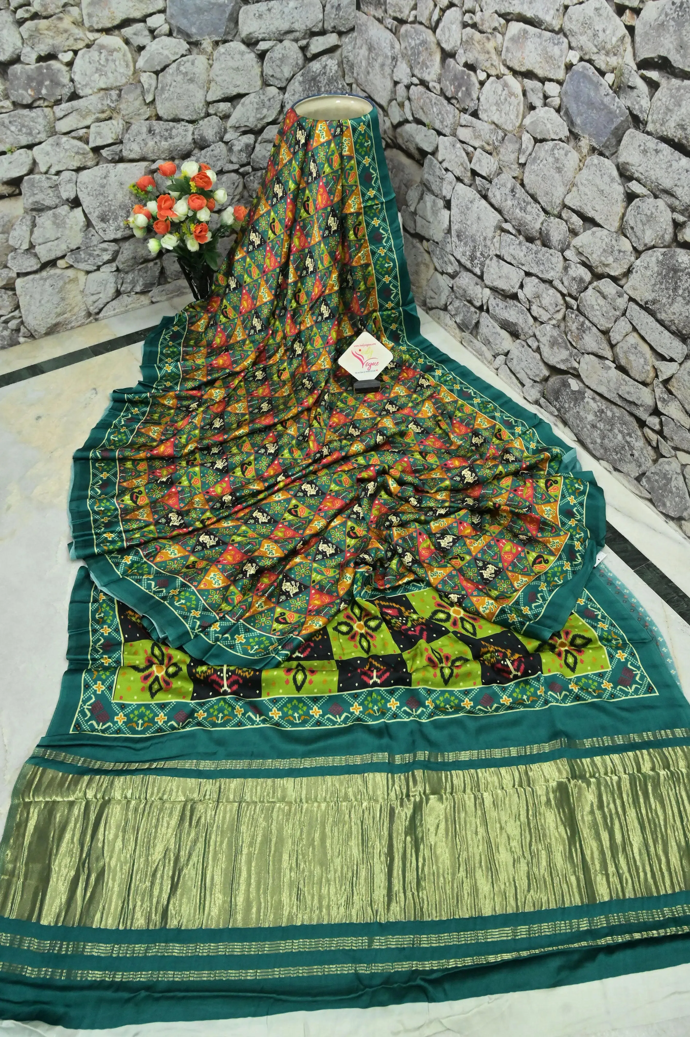 Green and Multicolor Color Ghazi Silk Saree with Ikat Print