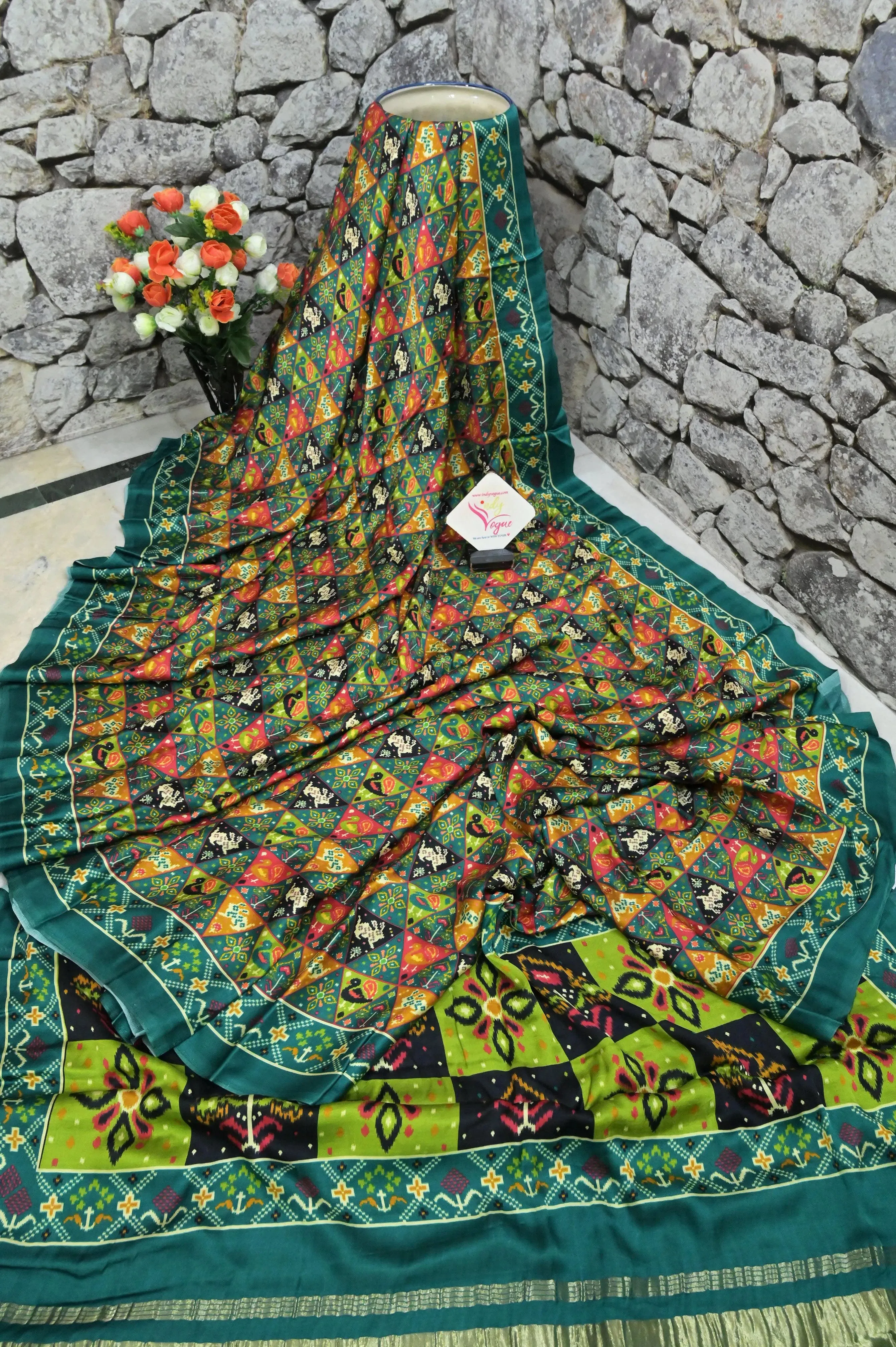 Green and Multicolor Color Ghazi Silk Saree with Ikat Print