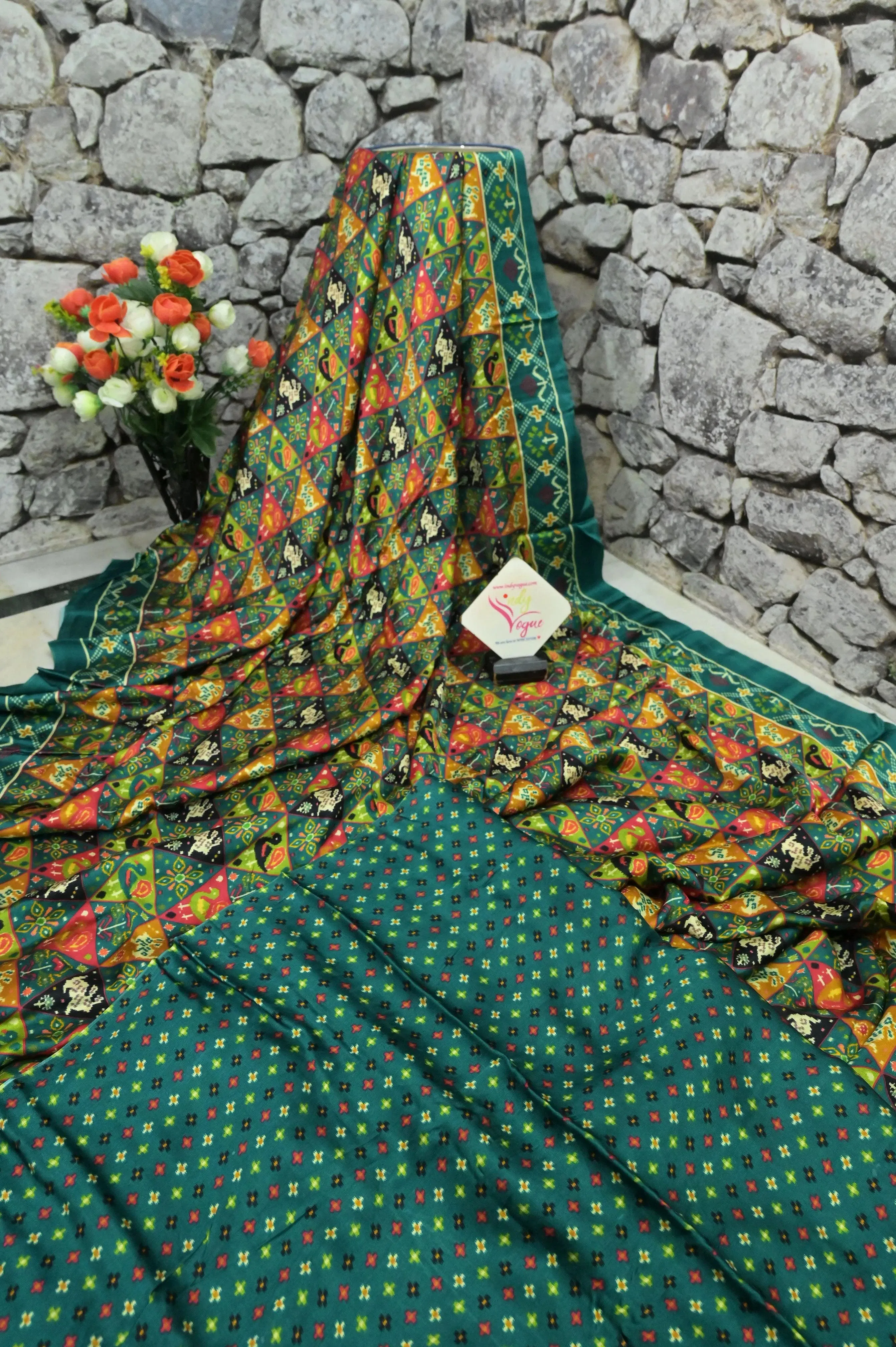 Green and Multicolor Color Ghazi Silk Saree with Ikat Print