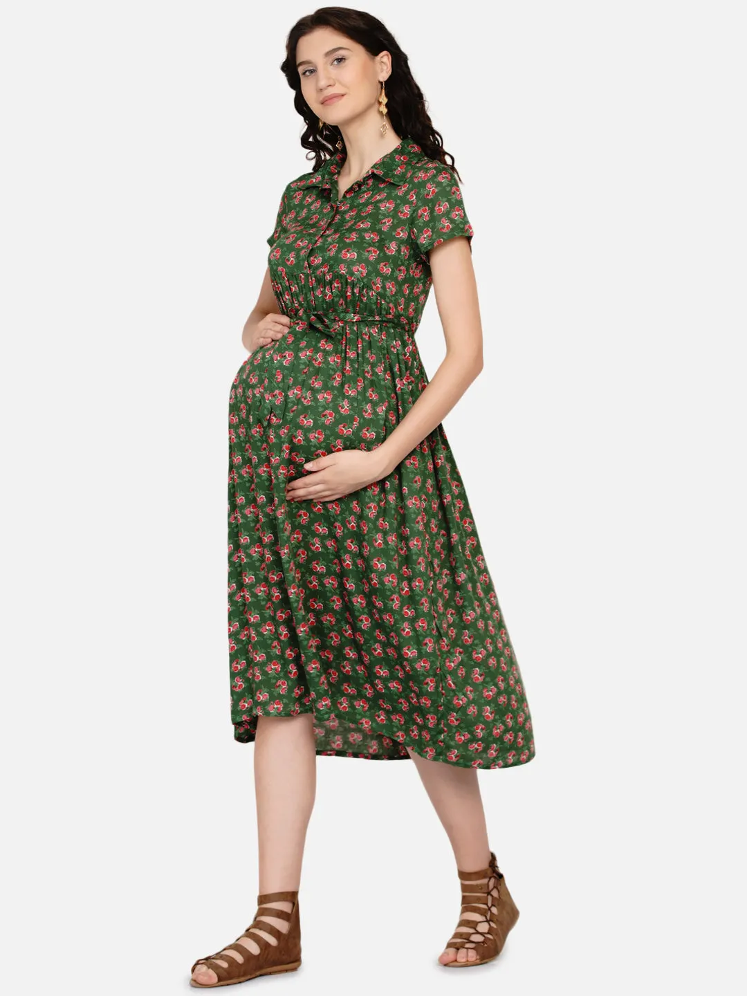 Green Floral Print Maternity and Nursing Midi Dress