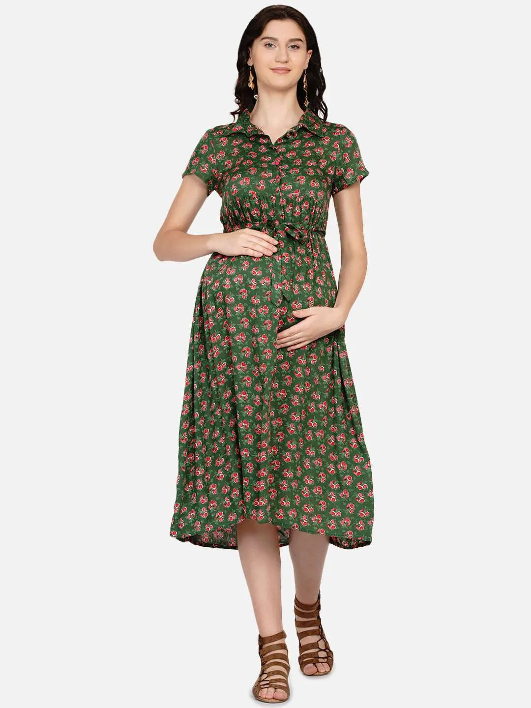 Green Floral Print Maternity and Nursing Midi Dress