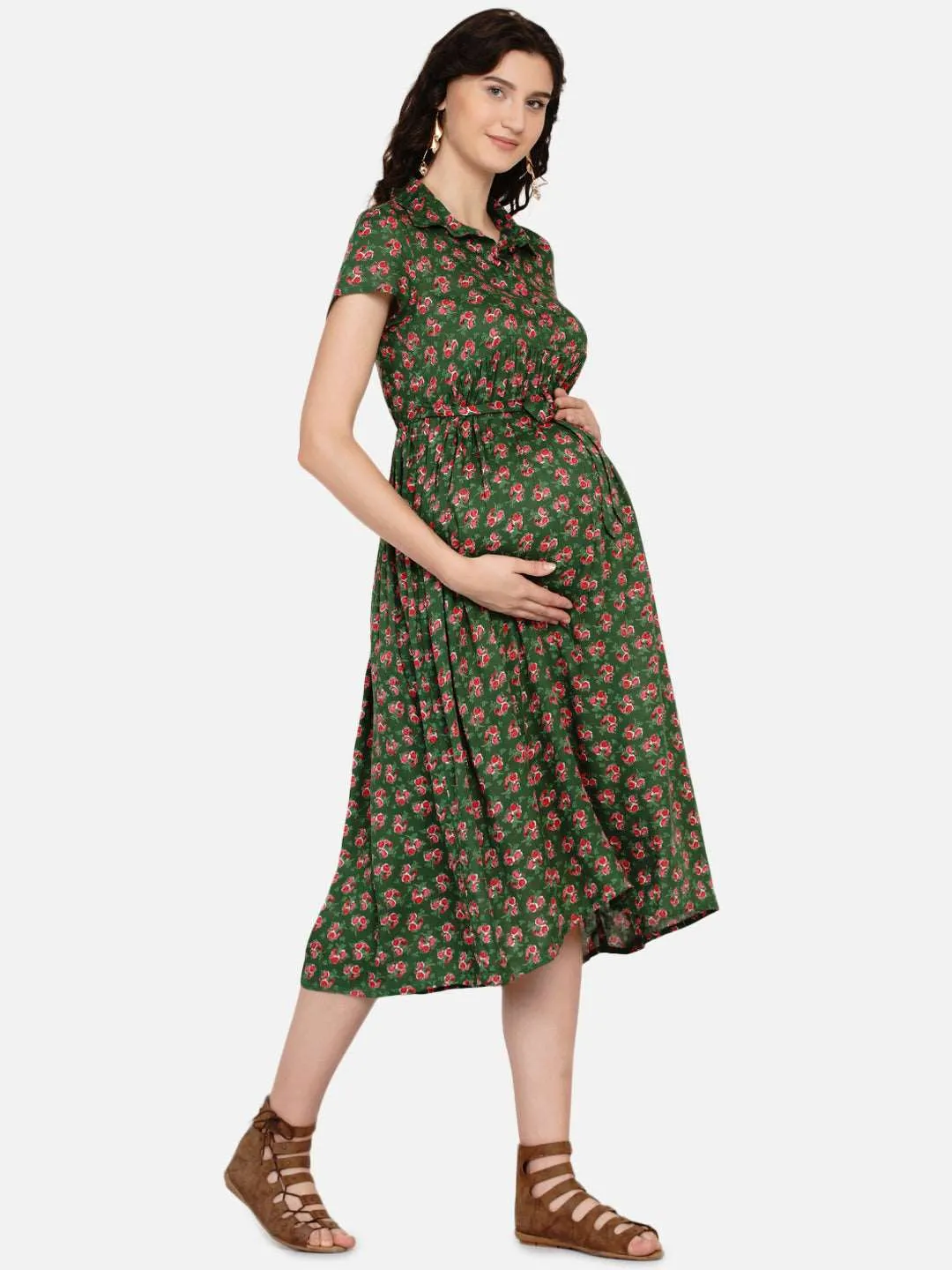 Green Floral Print Maternity and Nursing Midi Dress