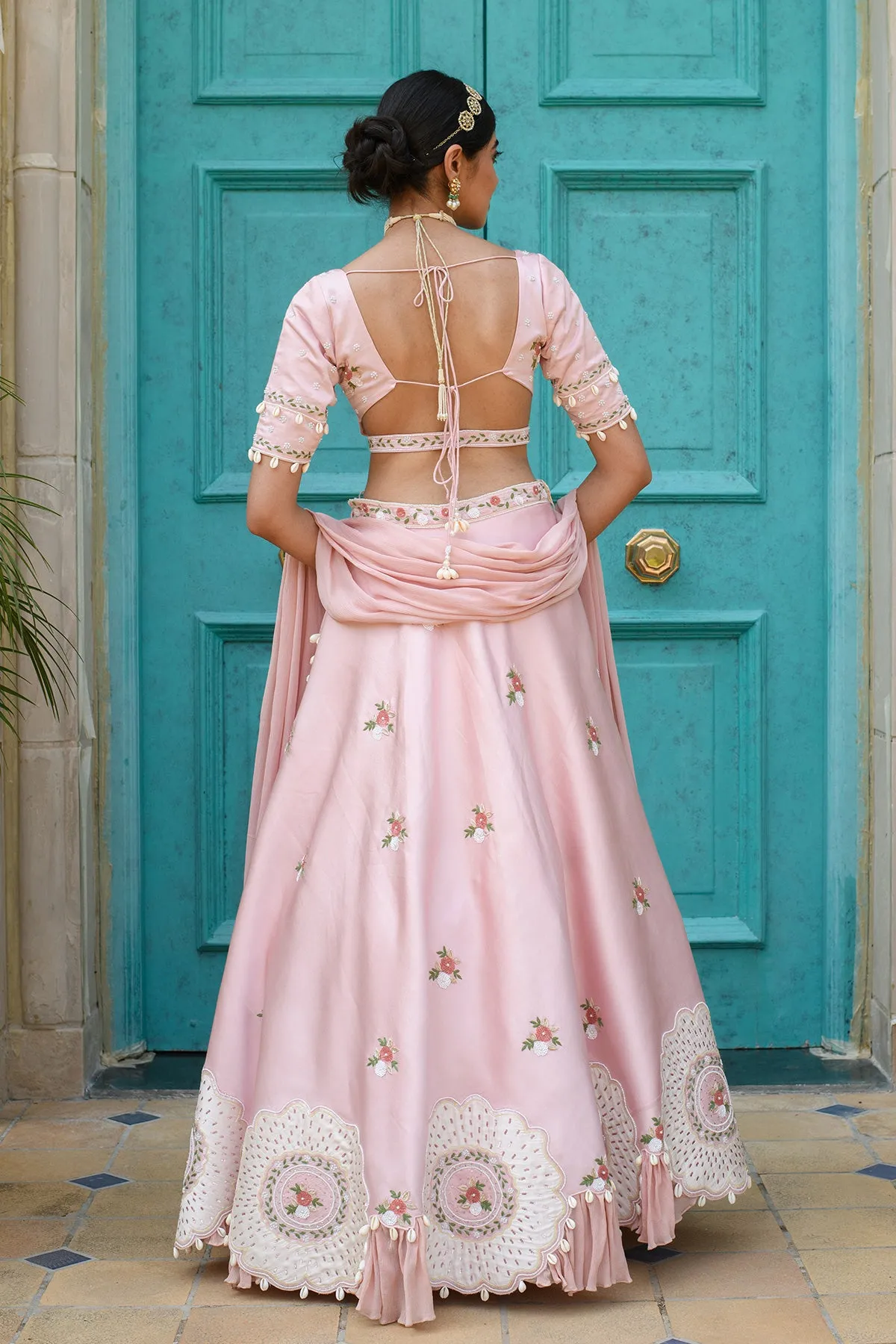 GULZAR - Embroidered German Satin Pink Blouse Lehenga Dupatta Set of 3