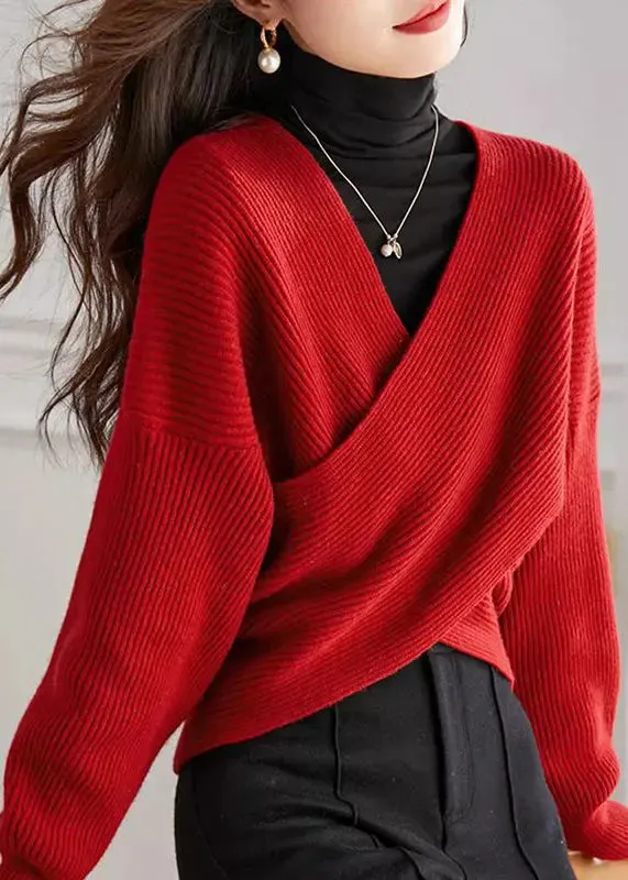 Handmade Red V Neck Cross Connection Knit Tops Spring HA1063