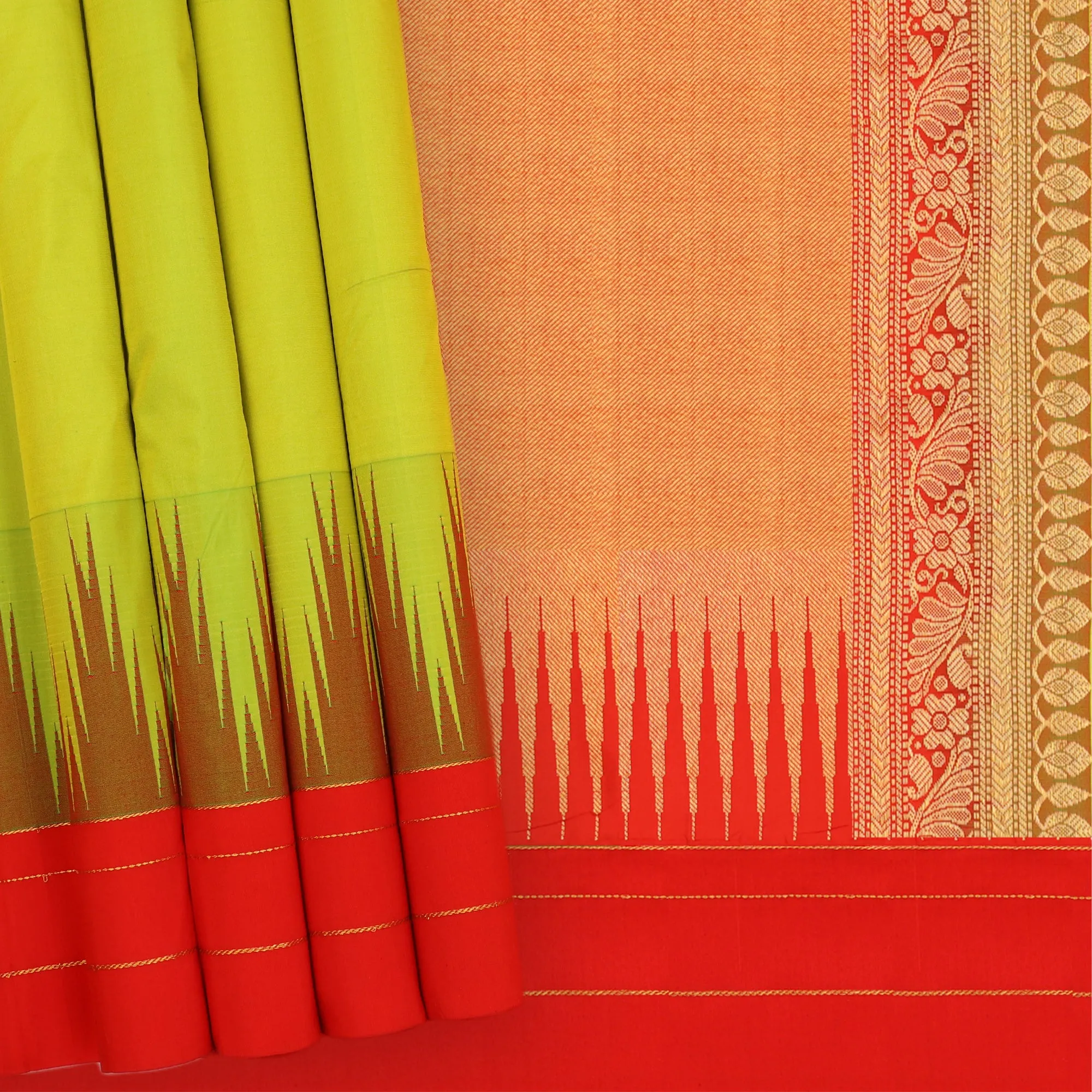 Handwoven Green with Red Kanjivaram Silk Saree - 364N004353DSA