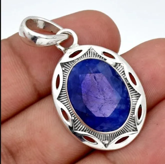 Indian Sapphire 925 Sterling Silver Pendant,Handmade Filigree Fine Jewelry,Gift for her