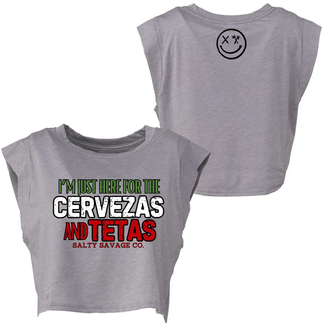 Ladies “CERVEZAS AND TETAS” Cropped Muscle Tank | Cinco De Mayo Edition