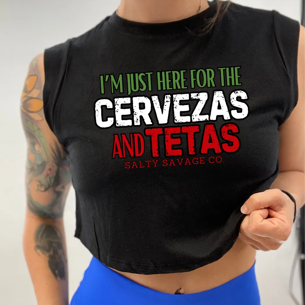 Ladies “CERVEZAS AND TETAS” Cropped Muscle Tank | Cinco De Mayo Edition