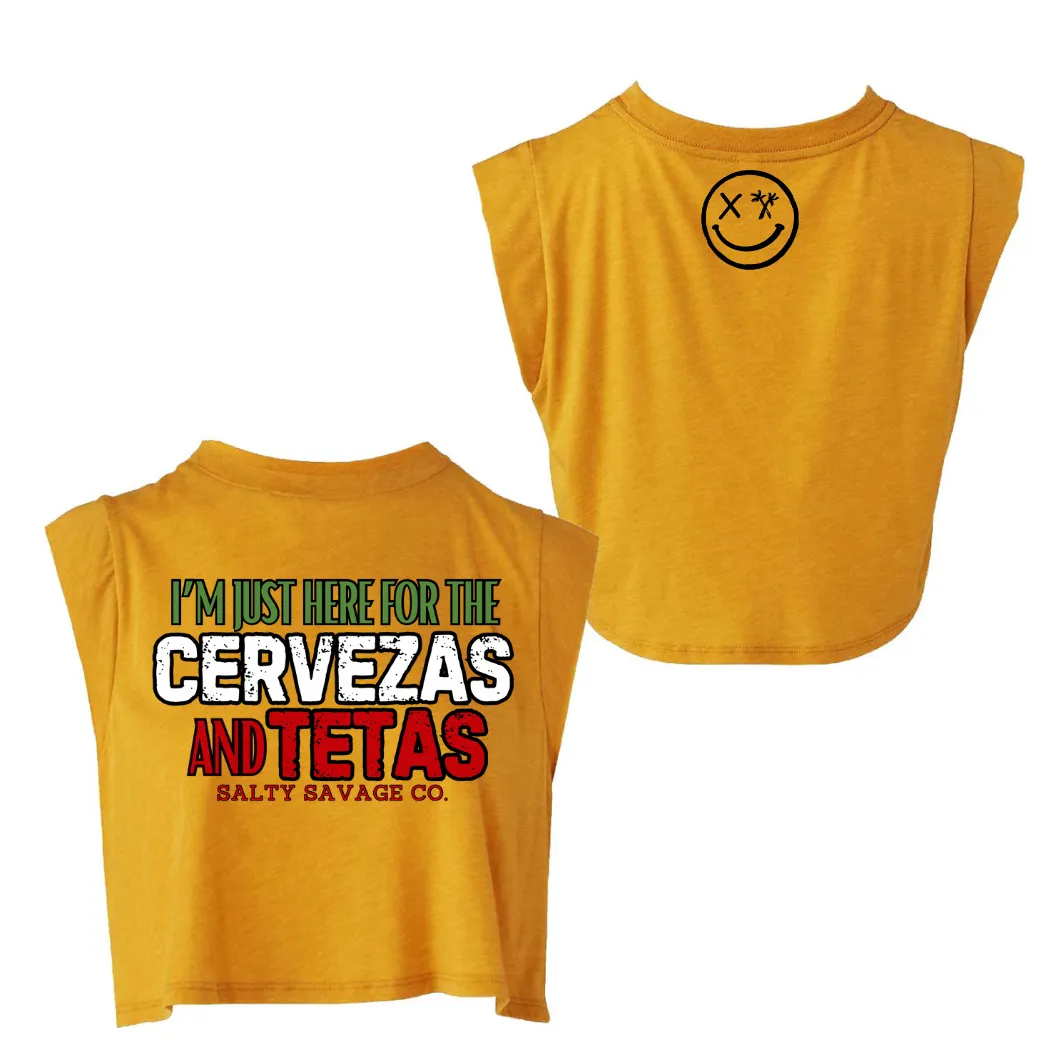 Ladies “CERVEZAS AND TETAS” Cropped Muscle Tank | Cinco De Mayo Edition