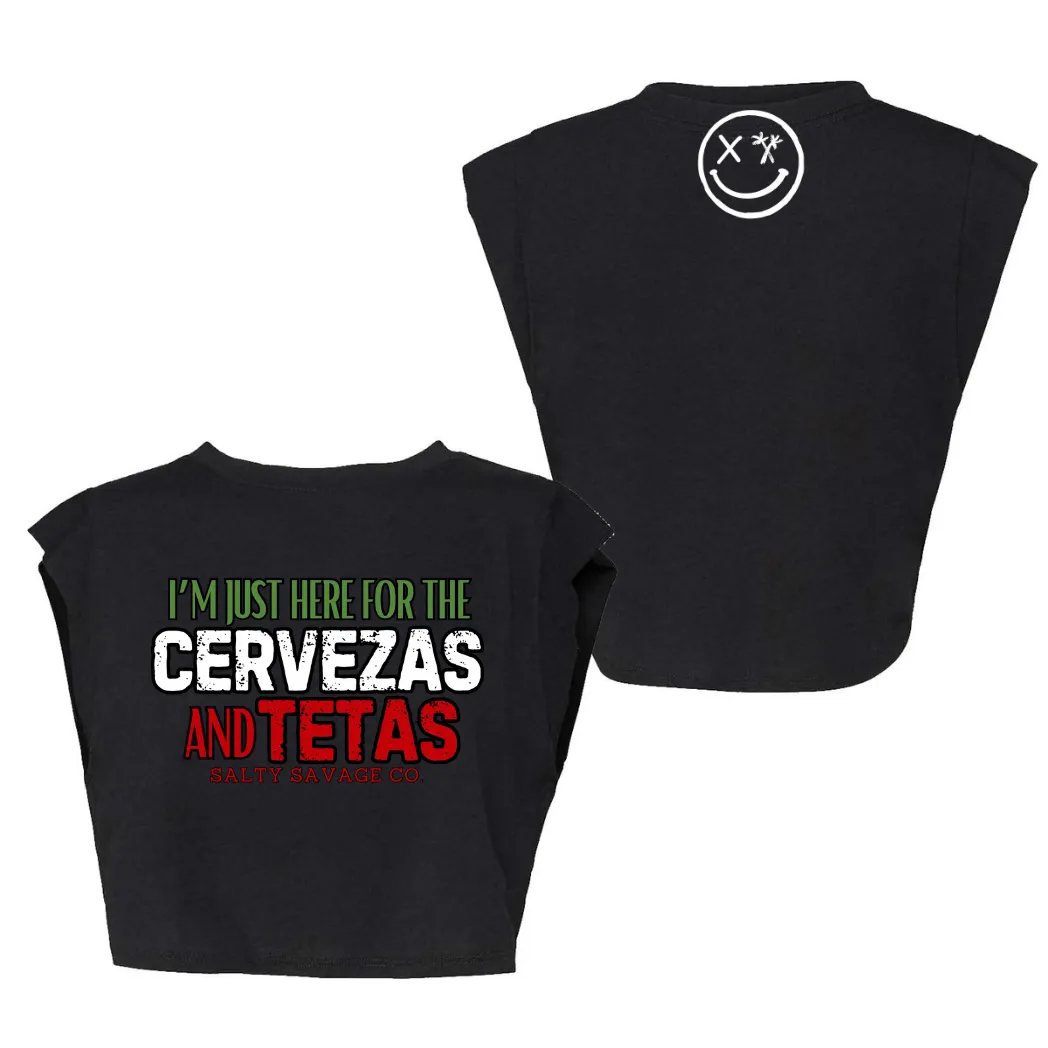 Ladies “CERVEZAS AND TETAS” Cropped Muscle Tank | Cinco De Mayo Edition